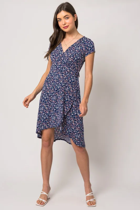 Navy Blue Floral Front Wrap Short Sleeve Dress sold by Pinkblush
