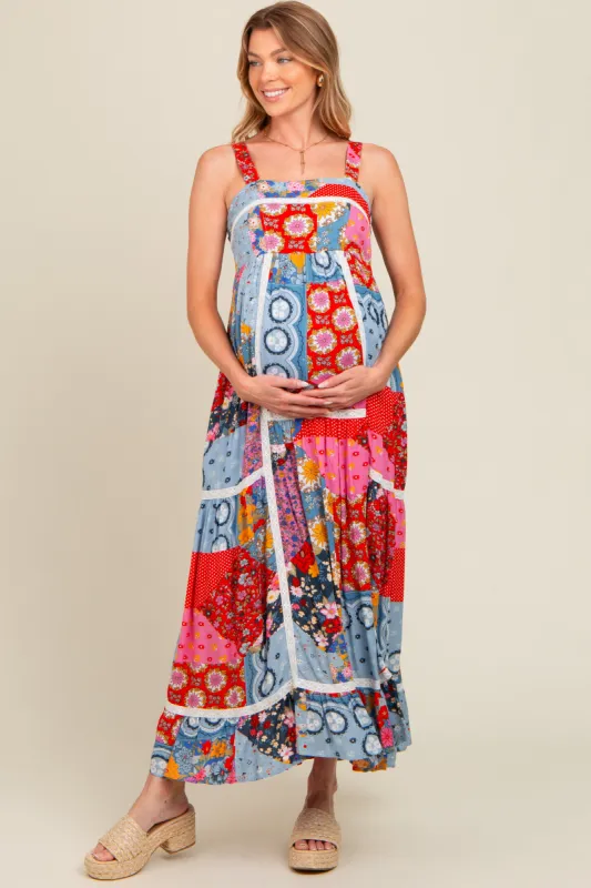 Multicolor Patchwork Floral Maternity Maxi Dress sold by Pinkblush