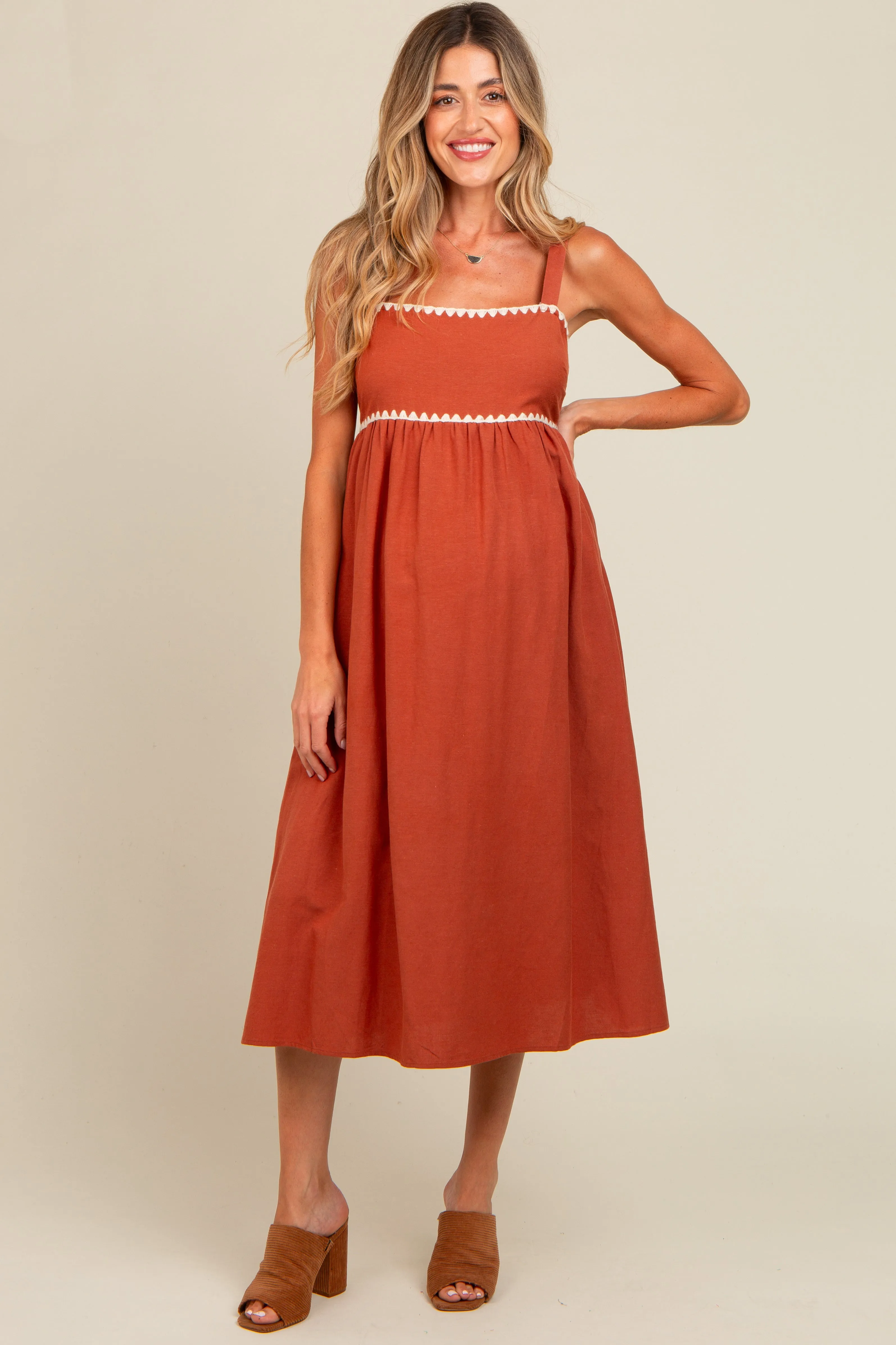 Rust Contrast Trim Maternity Midi Dress sold by Pinkblush