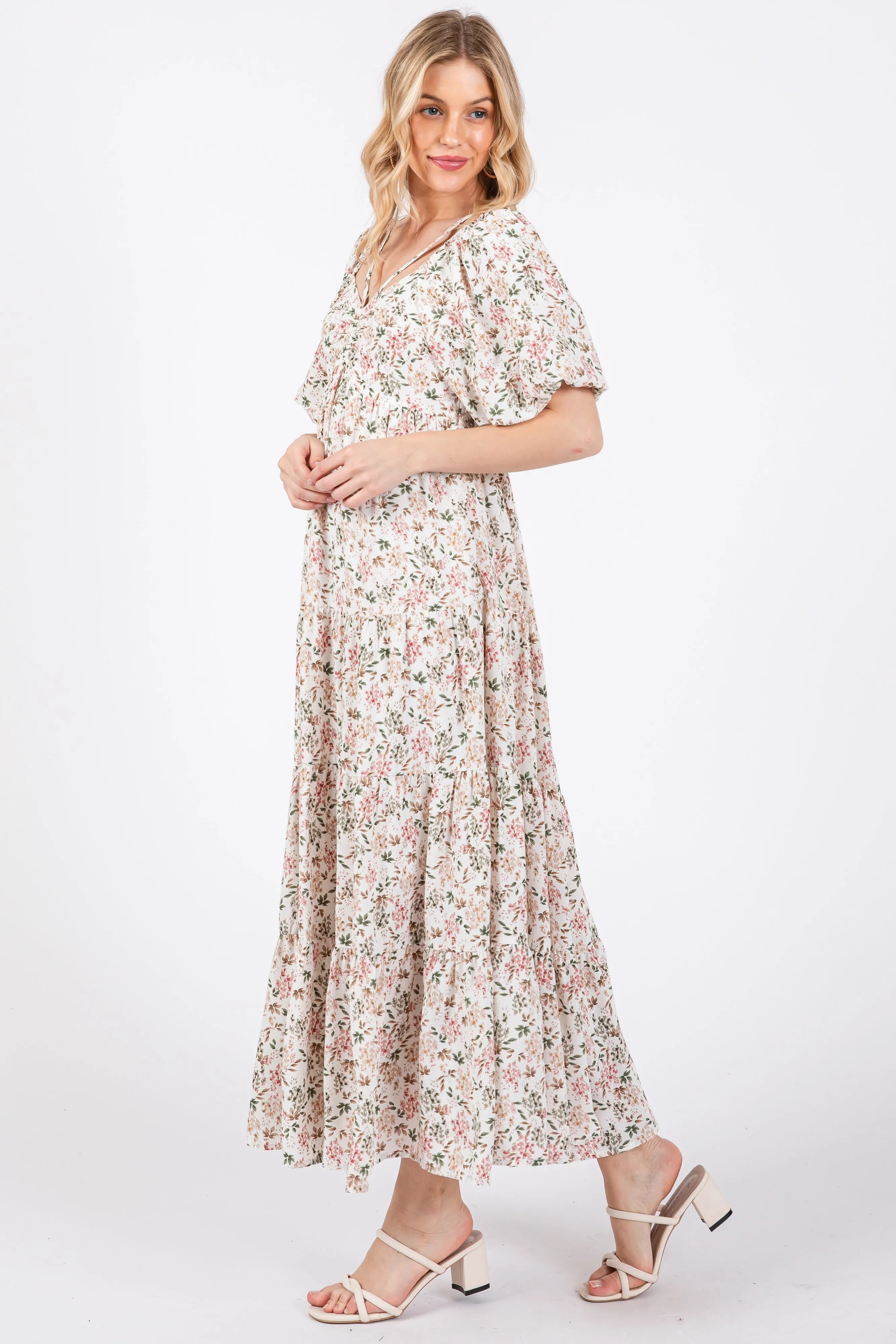 Cream Floral Ruched Strappy V-Neck Front Puff Short Sleeve Midi Dress sold by Pinkblush product image thumbnail 5