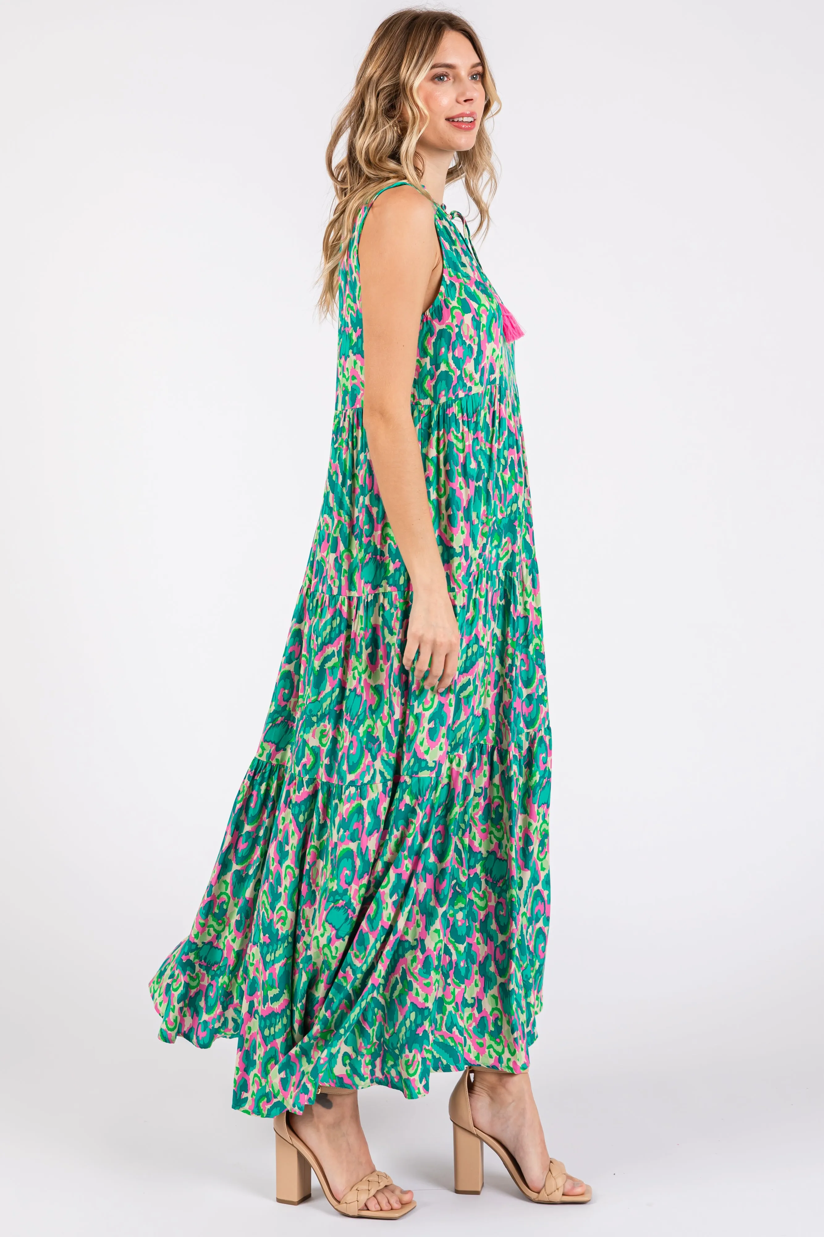 Green Sleeveless V-Neck Ruffle Neck Tiered Maxi Dress sold by Pinkblush product image thumbnail 2