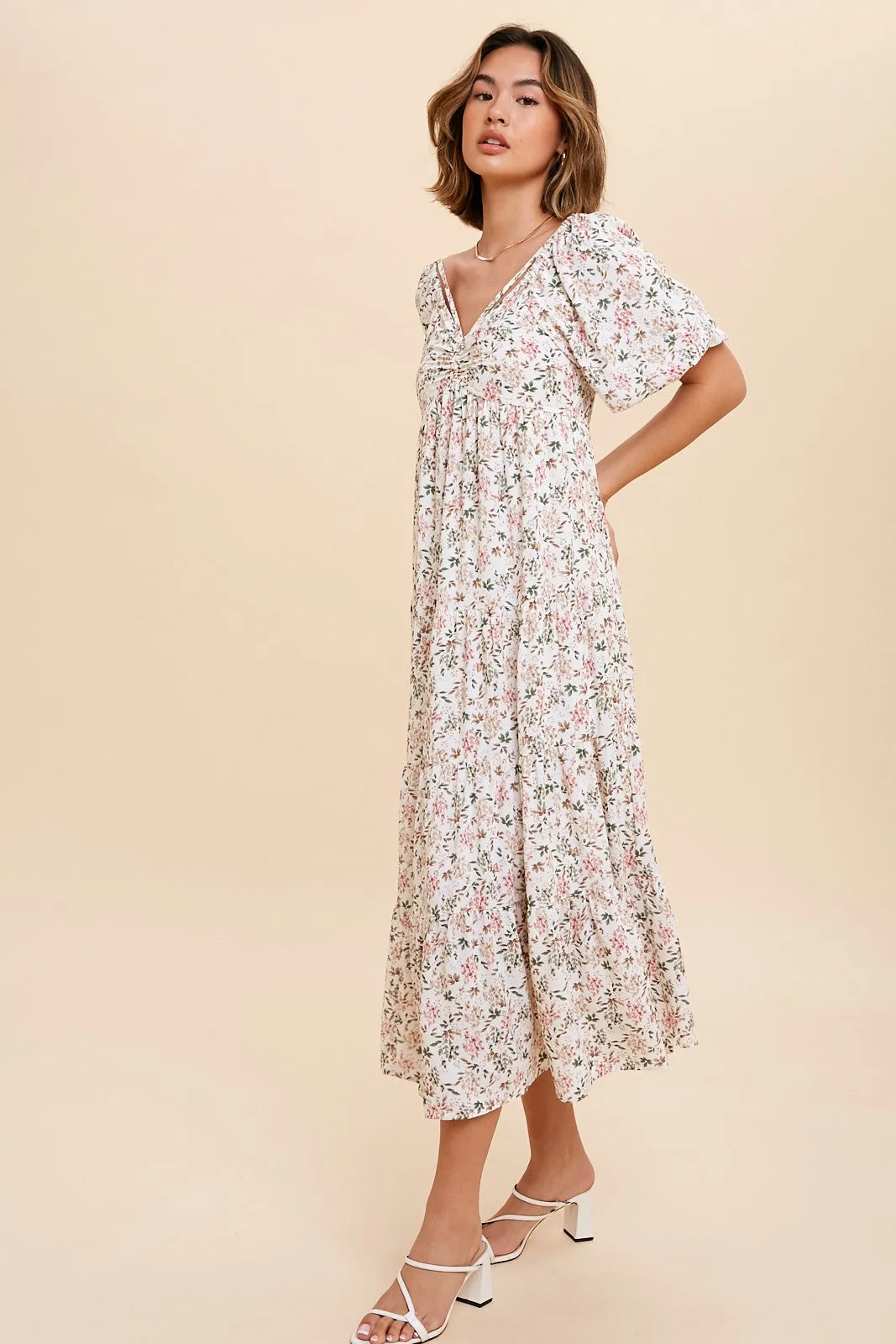 Cream Floral Ruched Strappy V-Neck Front Puff Short Sleeve Midi Dress sold by Pinkblush product image thumbnail 2