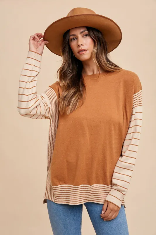 Soft Camel Striped Panel Mock Neck Tunic Sweater Top sold by Pinkblush