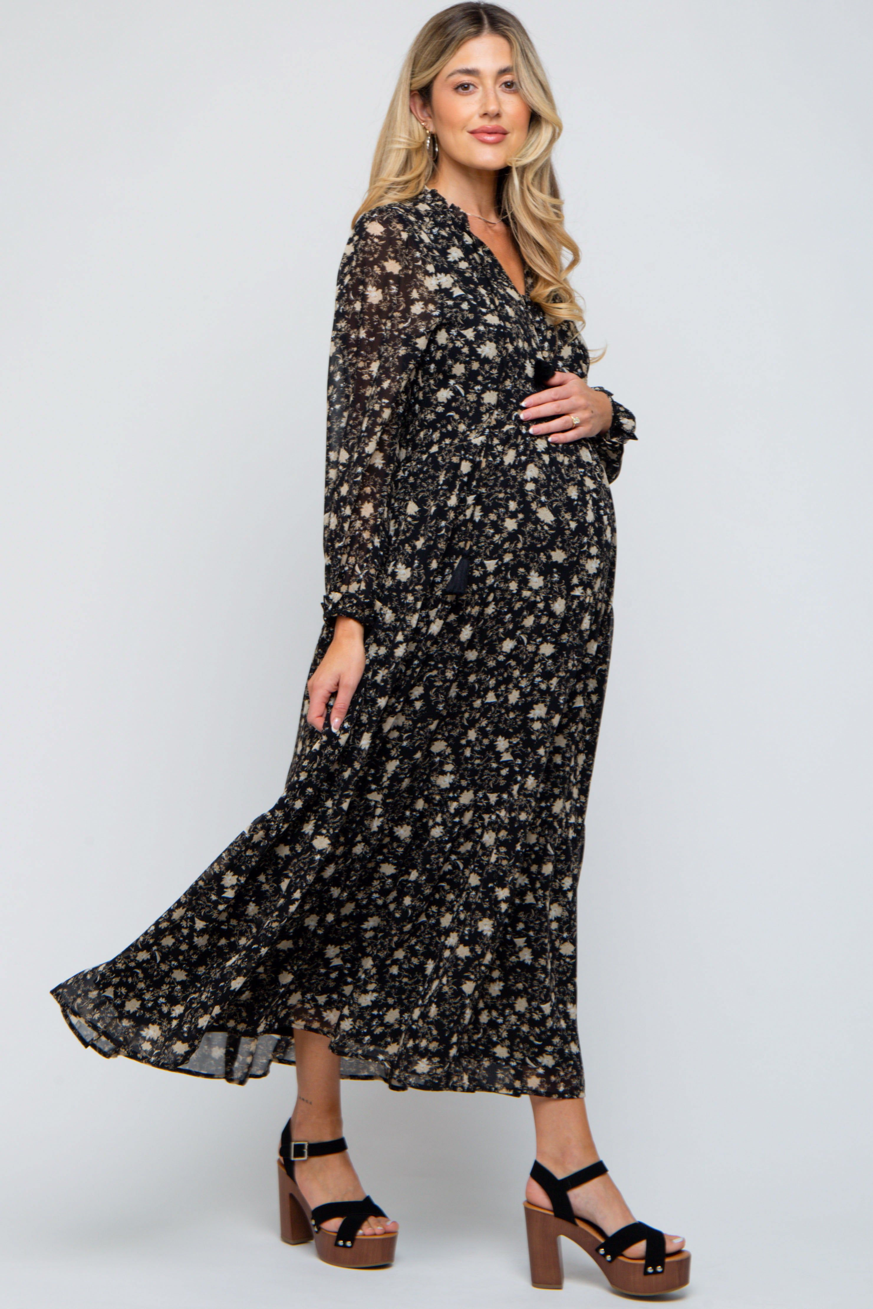 Black Floral Chiffon Front Tie Tiered Maternity Maxi Dress sold by Pinkblush product image thumbnail 2