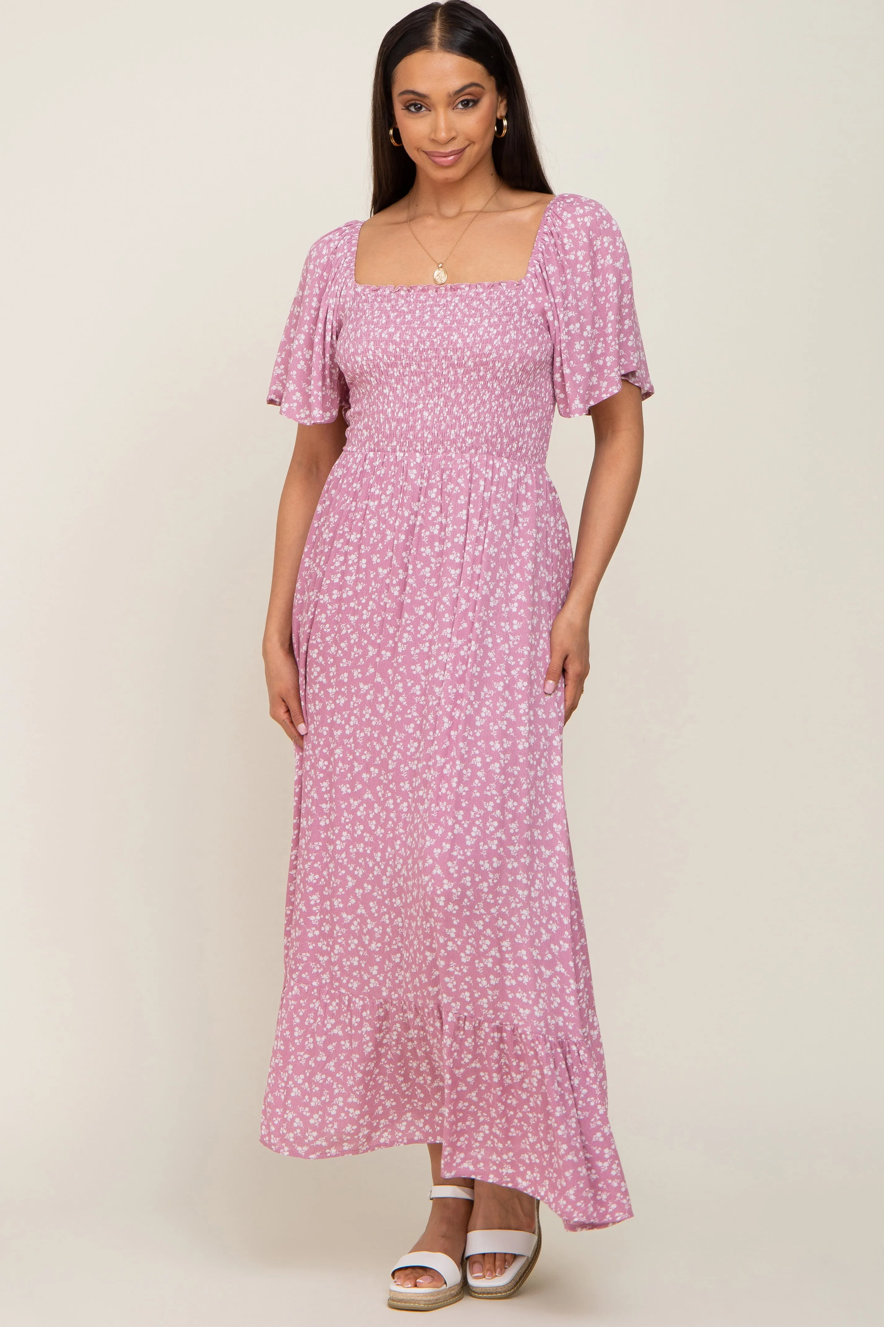 Pink Floral Smocked Midi Dress sold by Pinkblush
