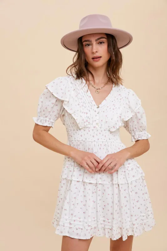 Pink Rose Pintuck Detail Tiered Button Floral Mini Dress sold by Pinkblush