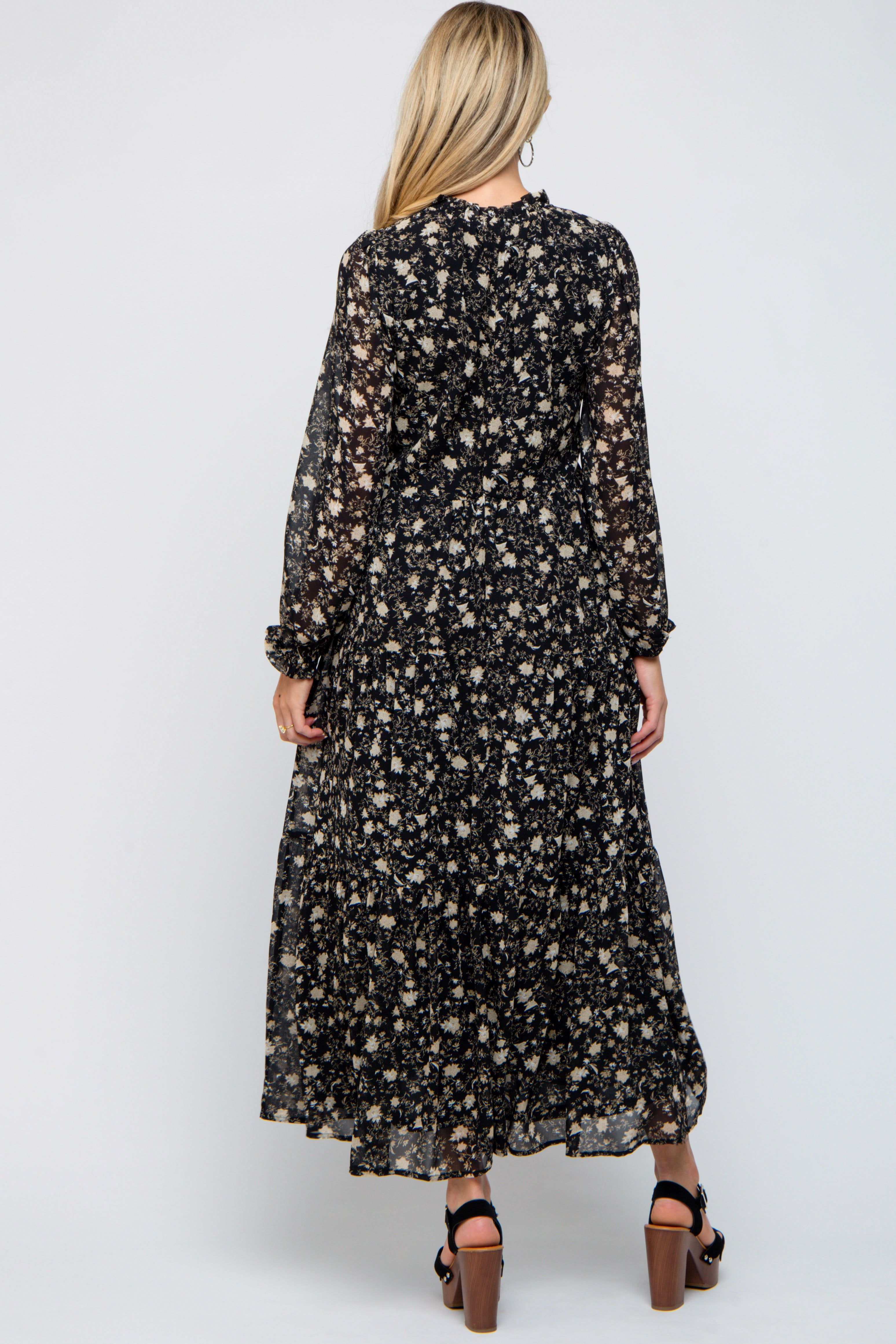 Black Floral Chiffon Front Tie Tiered Maternity Maxi Dress sold by Pinkblush product image thumbnail 3