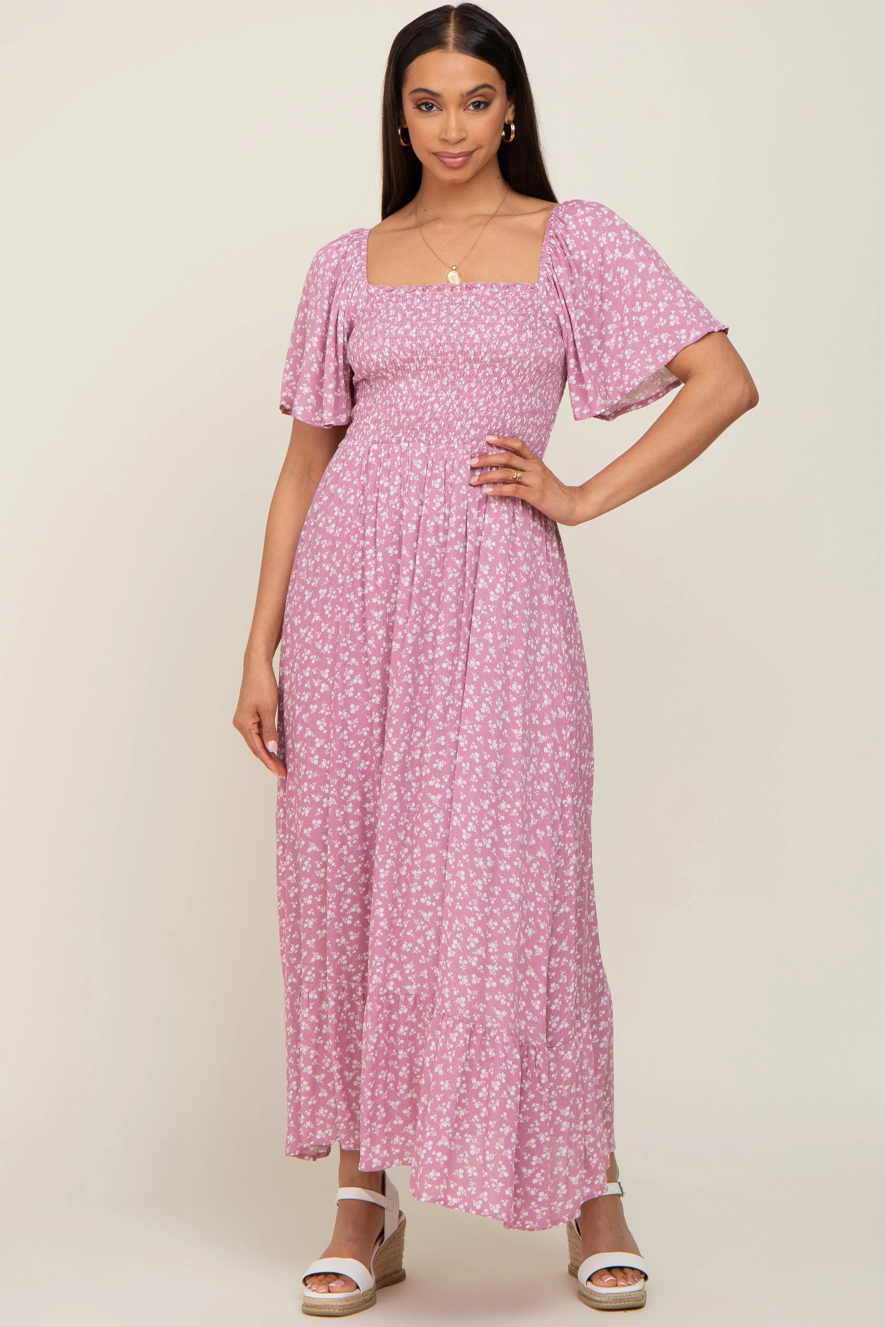 Pink Floral Smocked Midi Dress sold by Pinkblush product image thumbnail 5