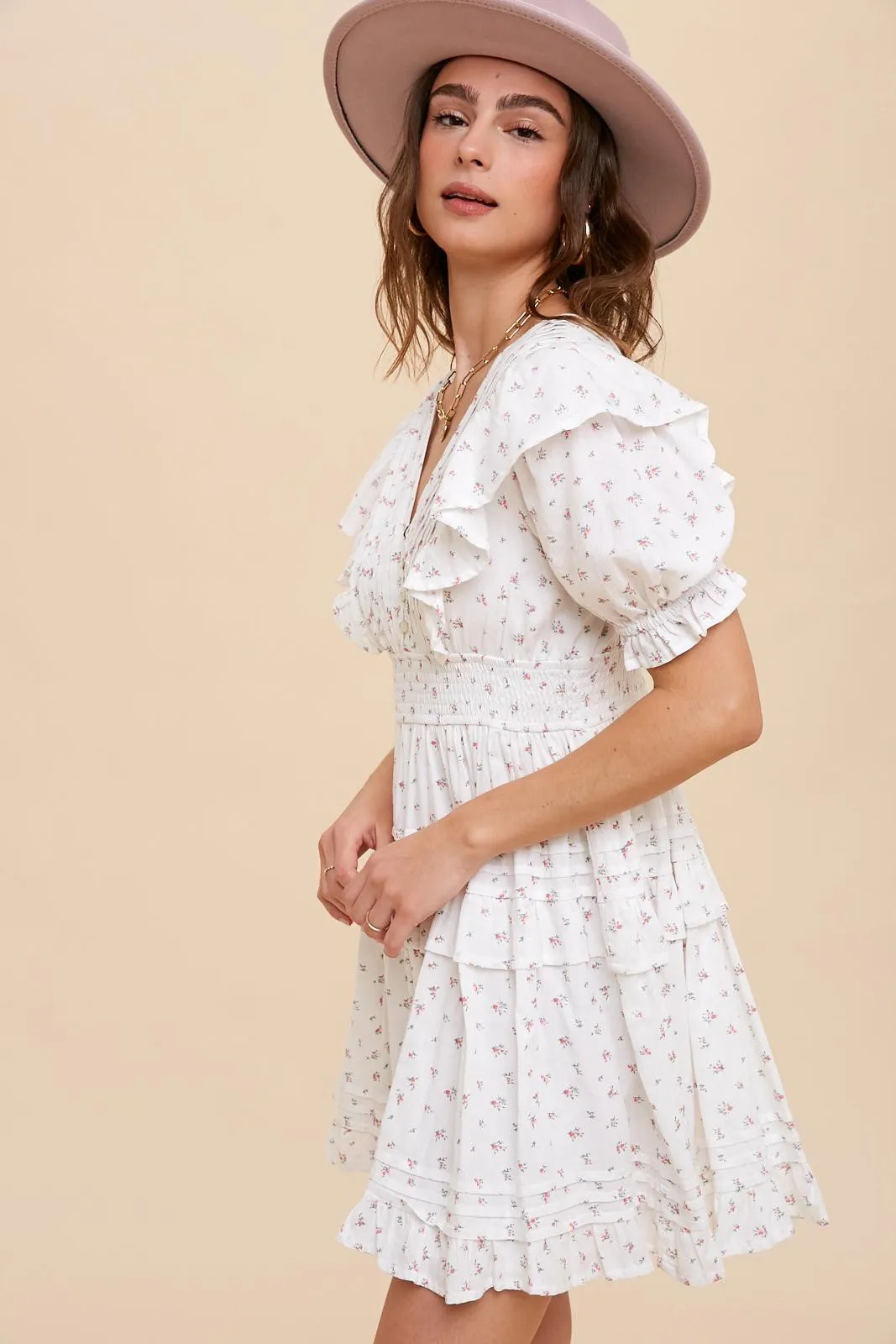 Pink Rose Pintuck Detail Tiered Button Floral Mini Dress sold by Pinkblush product image thumbnail 2