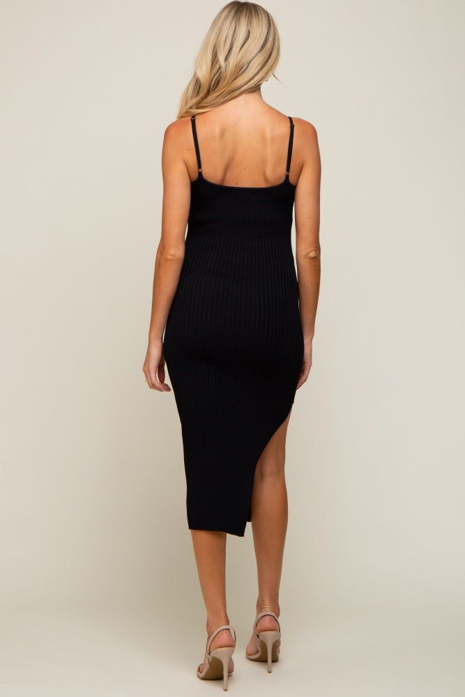 Black Ribbed Sleeveless Side Slit Maternity Midi Dress sold by Pinkblush product image thumbnail 3