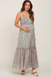 Light Olive Chiffon V-Neck Ruffle Tiered Maternity Maxi Dress sold by Pinkblush
