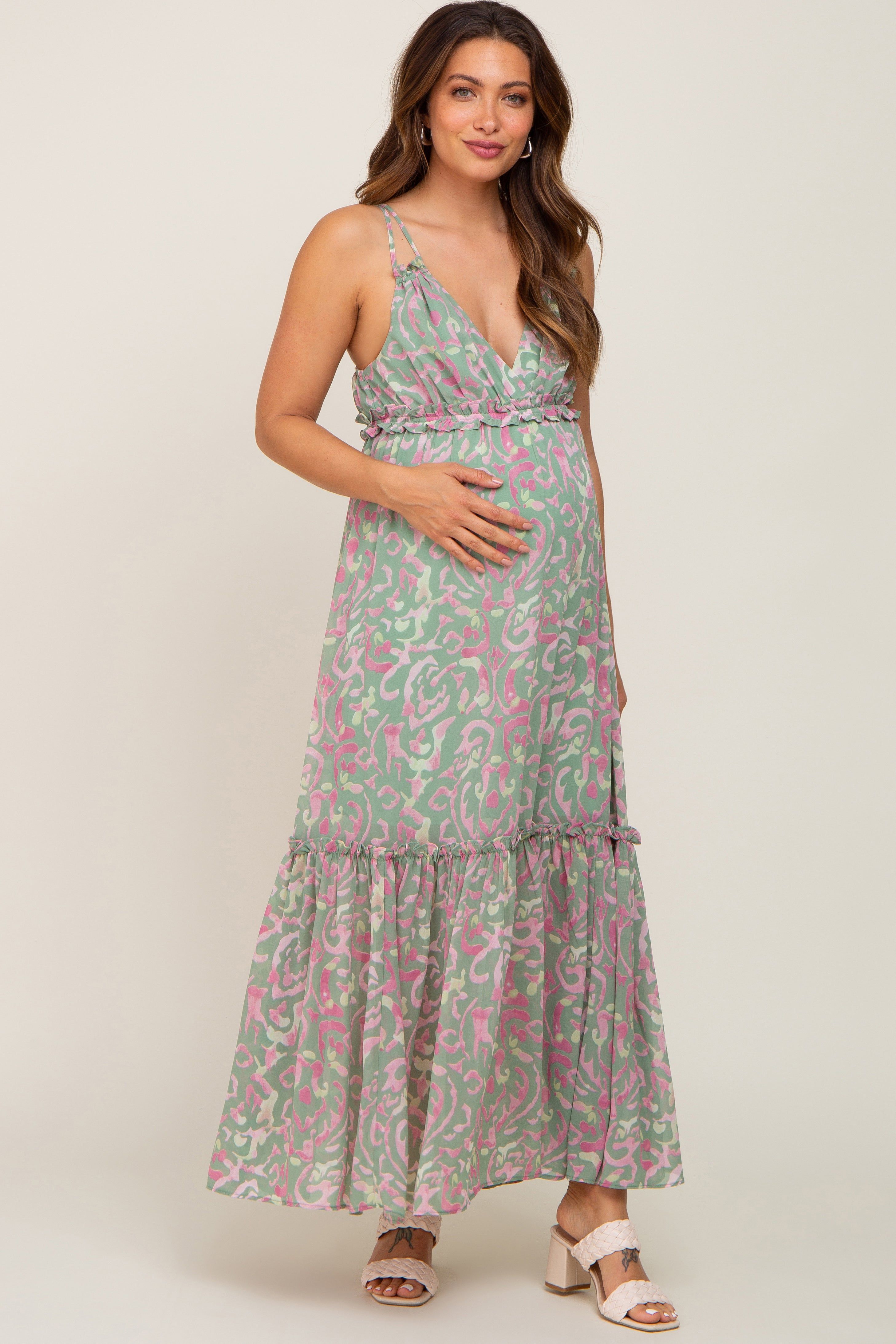 Light Olive Chiffon V-Neck Ruffle Tiered Maternity Maxi Dress sold by Pinkblush product image thumbnail 2