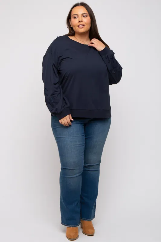 Navy Embroidered Long Sleeve Plus Top sold by Pinkblush