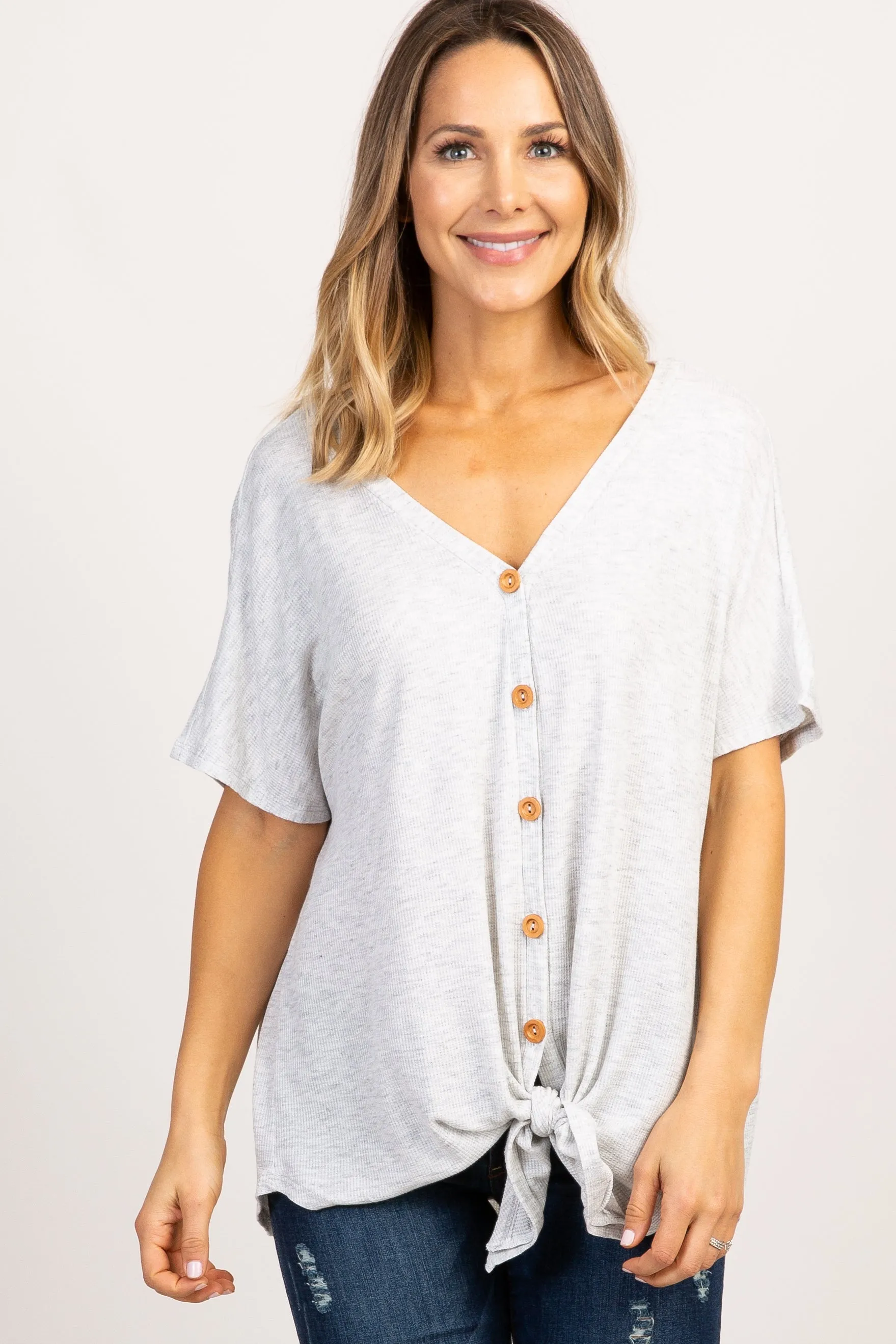 Heather Grey Button Front Knot Dolman Top sold by Pinkblush