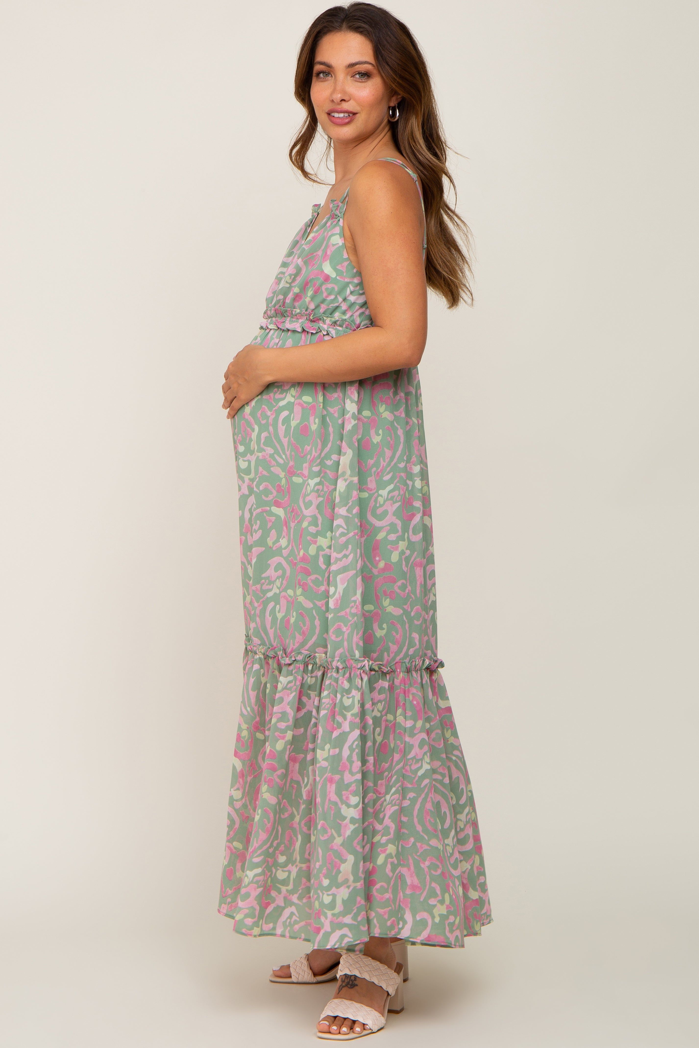 Light Olive Chiffon V-Neck Ruffle Tiered Maternity Maxi Dress sold by Pinkblush product image thumbnail 3