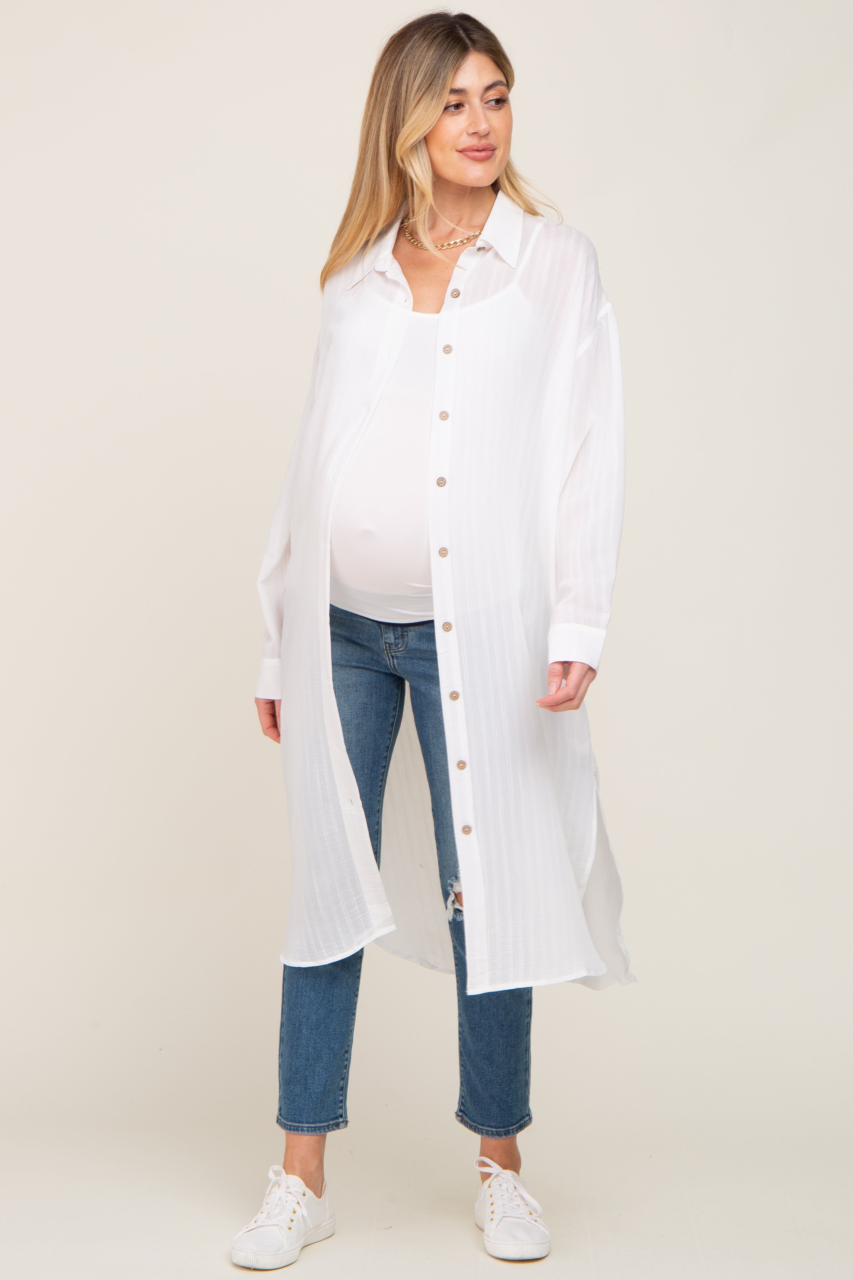 White Striped Lightweight Button Down Maternity Top sold by Pinkblush product image thumbnail 4