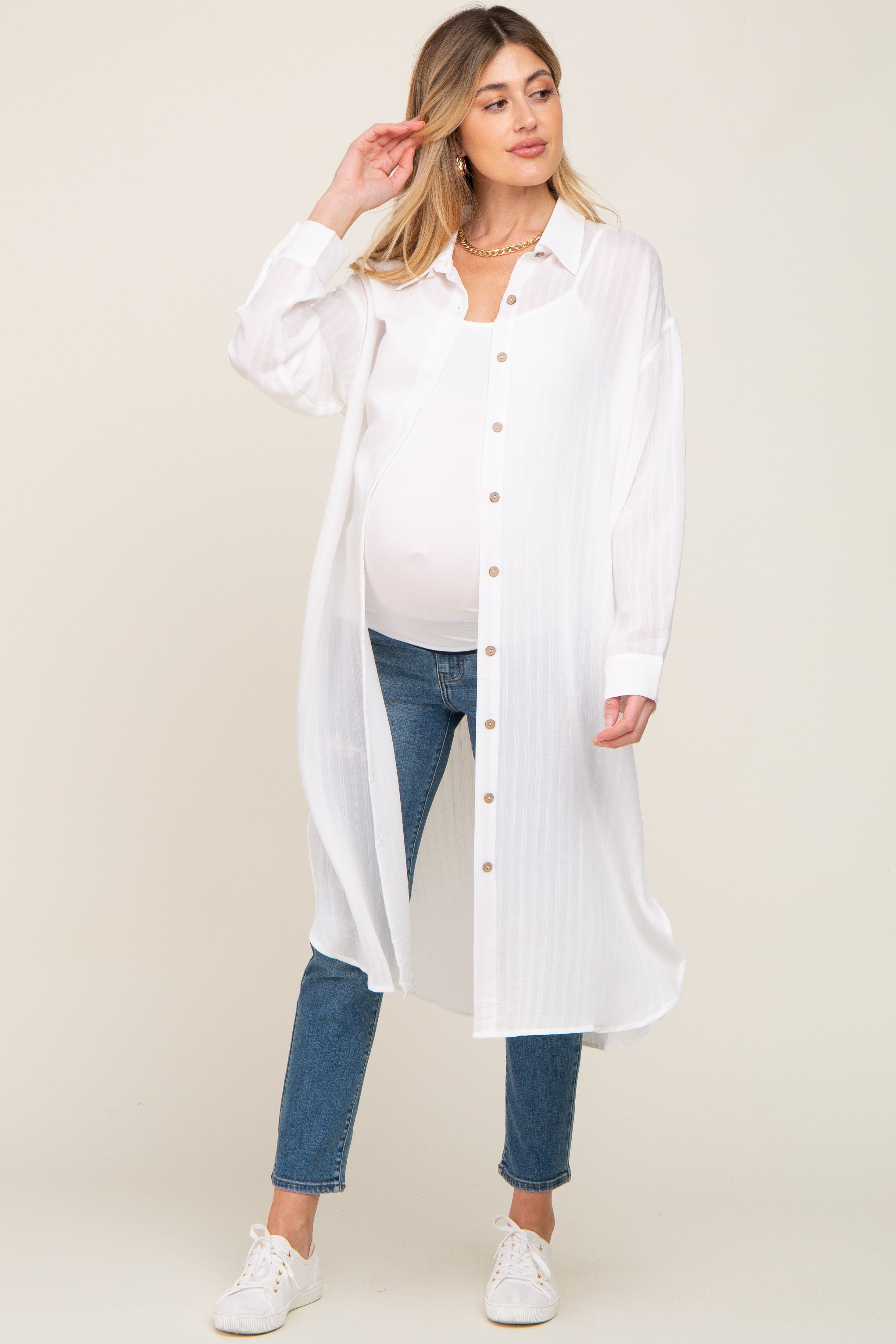 White Striped Lightweight Button Down Maternity Top sold by Pinkblush