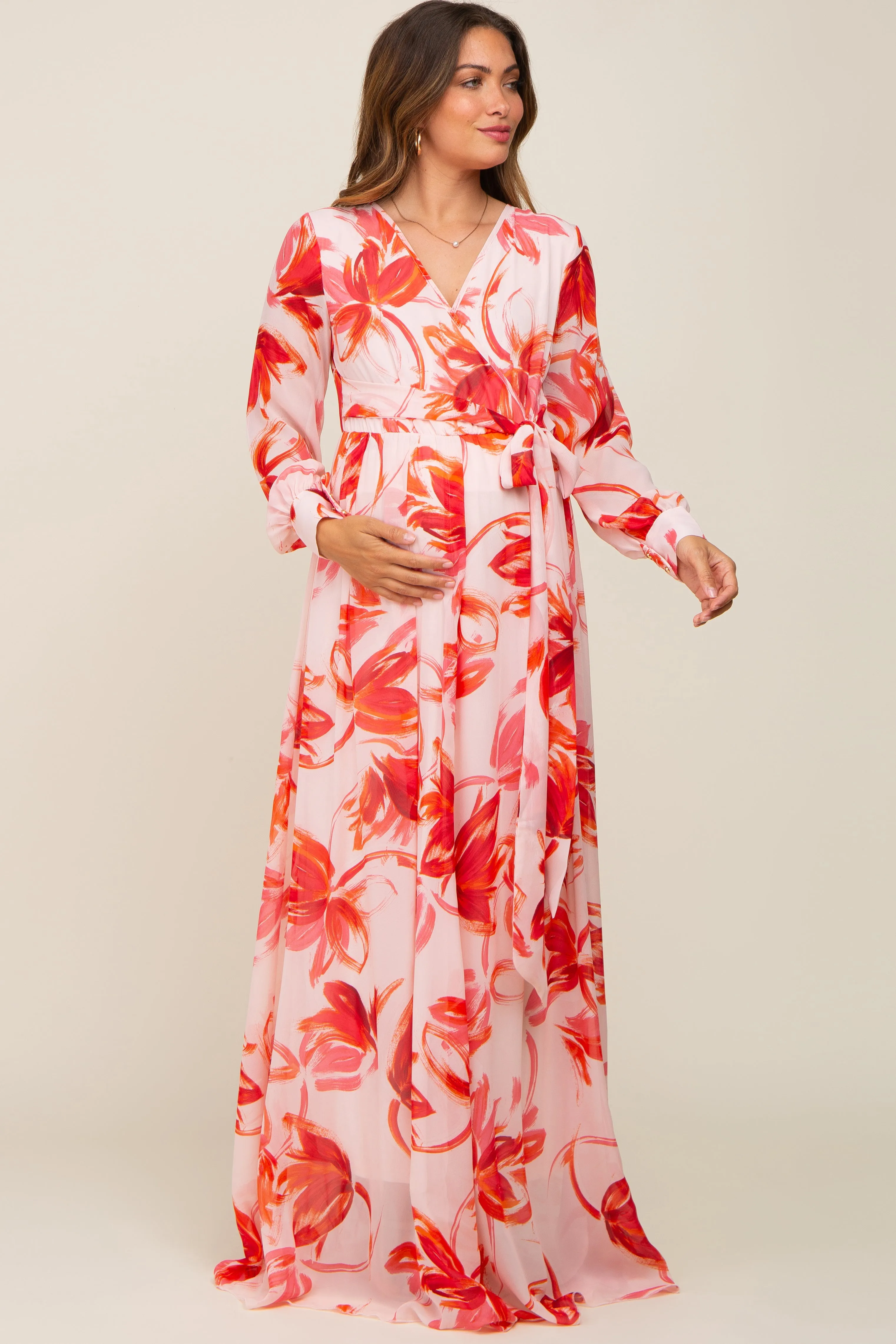 Red Brush Stroke Print Chiffon Maternity Maxi Dress sold by Pinkblush