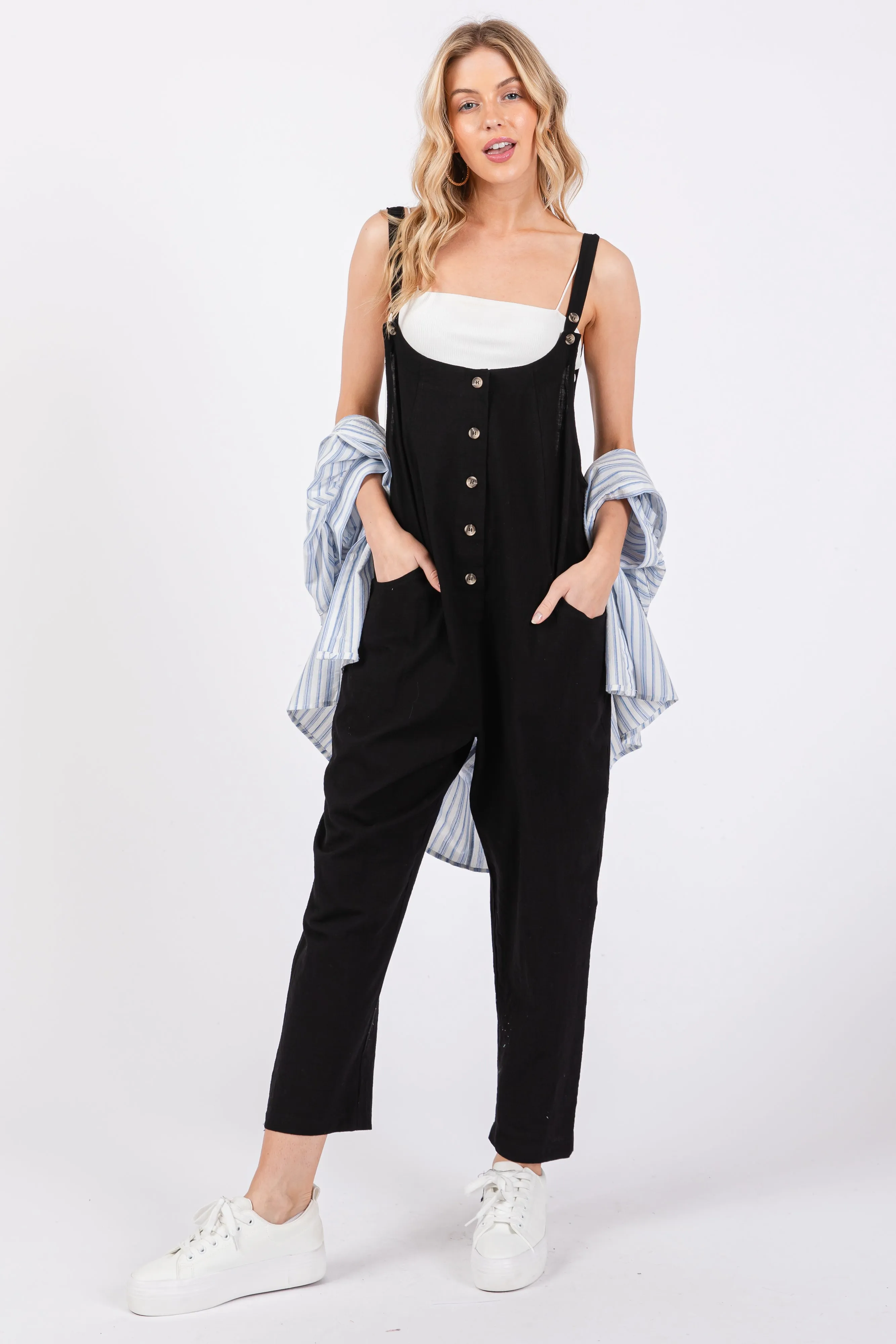 Black Button Down Cropped Jumpsuit sold by Pinkblush product image thumbnail 4