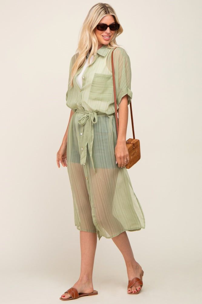 Sage Striped Sheer Button Down Cover Up sold by Pinkblush product image thumbnail 3