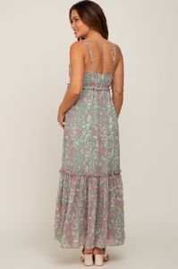 Light Olive Chiffon V-Neck Ruffle Tiered Maternity Maxi Dress sold by Pinkblush