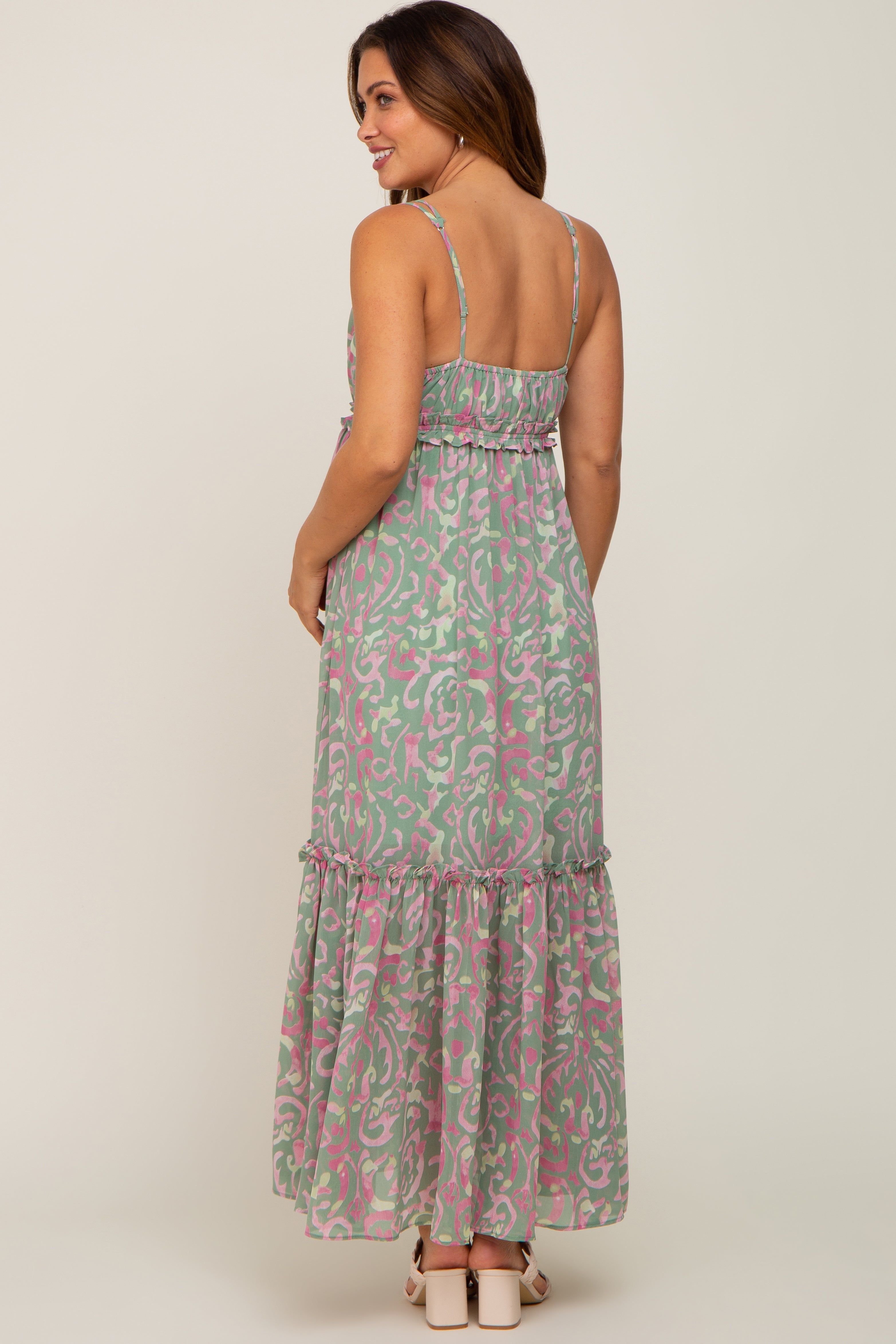 Light Olive Chiffon V-Neck Ruffle Tiered Maternity Maxi Dress sold by Pinkblush product image thumbnail 4