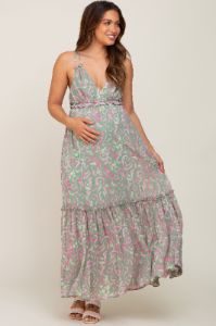 Light Olive Chiffon V-Neck Ruffle Tiered Maternity Maxi Dress sold by Pinkblush