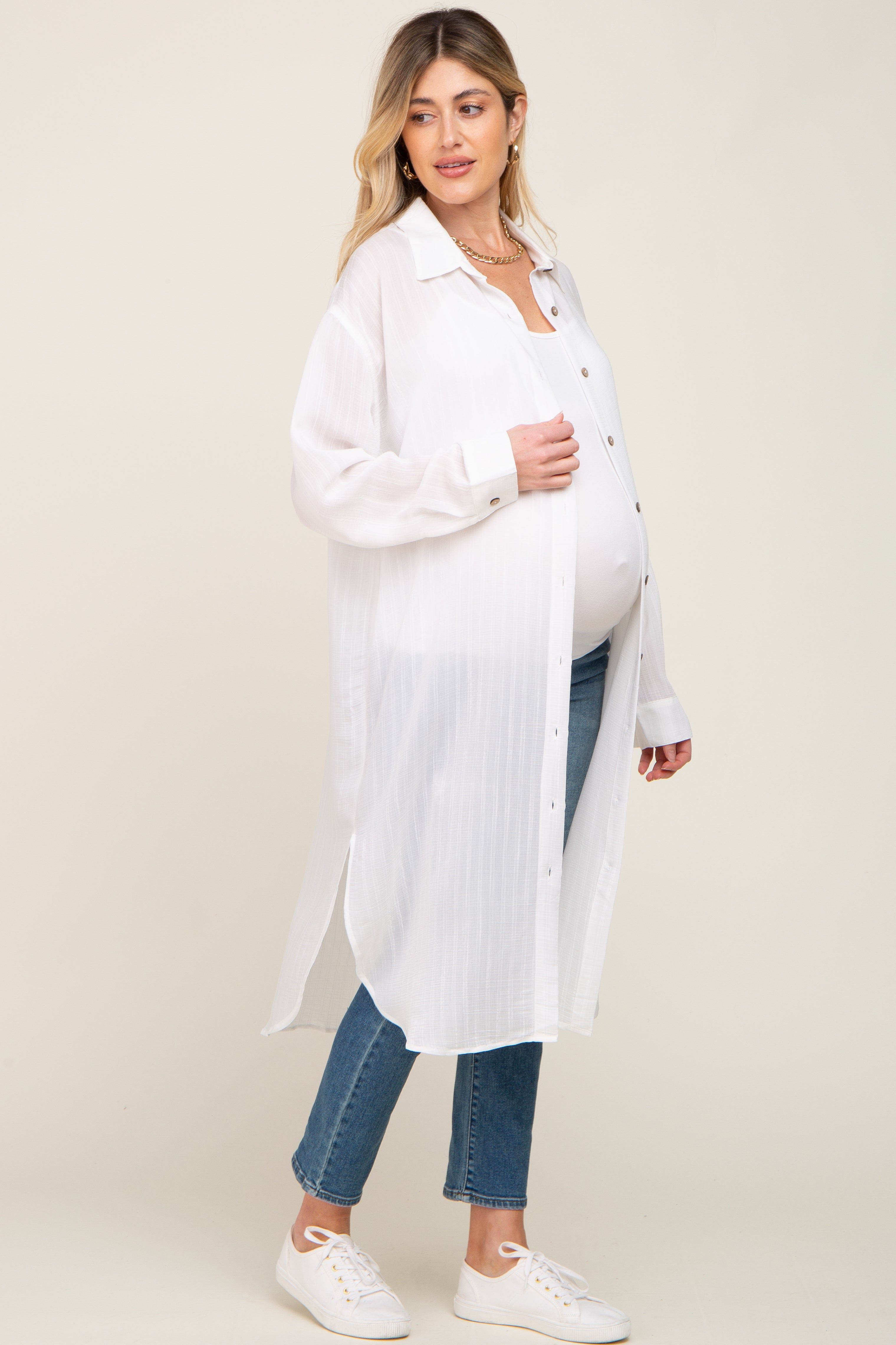 White Striped Lightweight Button Down Maternity Top sold by Pinkblush product image thumbnail 2