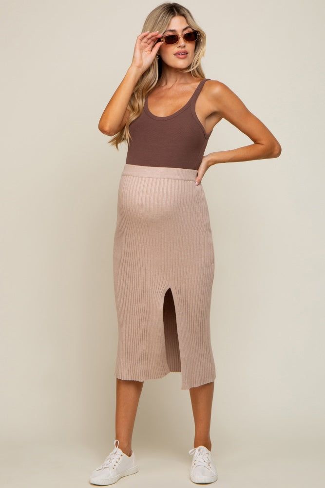 Taupe Ribbed Knit Front Slit Maternity Midi Skirt sold by Pinkblush product image thumbnail 2