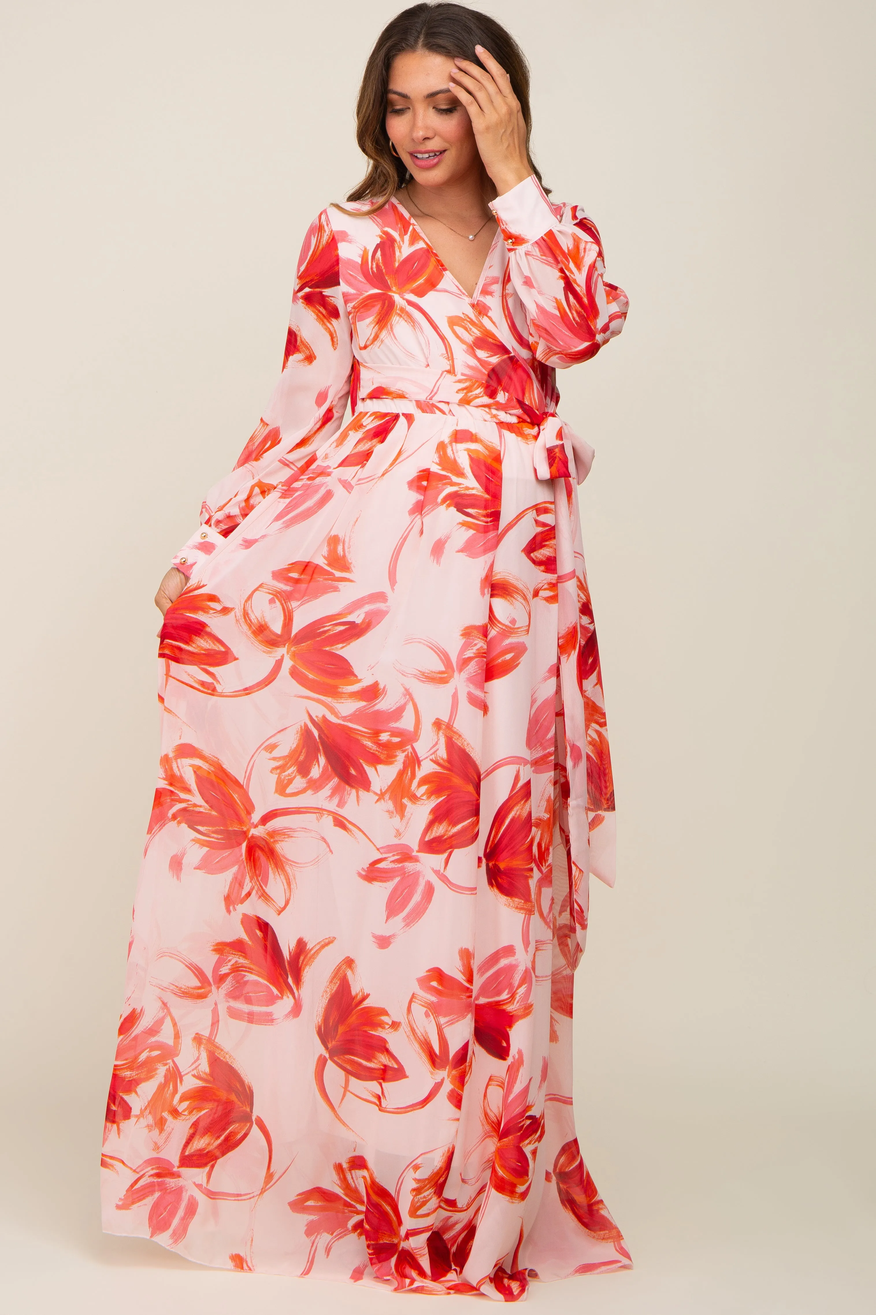 Red Brush Stroke Print Chiffon Maternity Maxi Dress sold by Pinkblush product image thumbnail 2