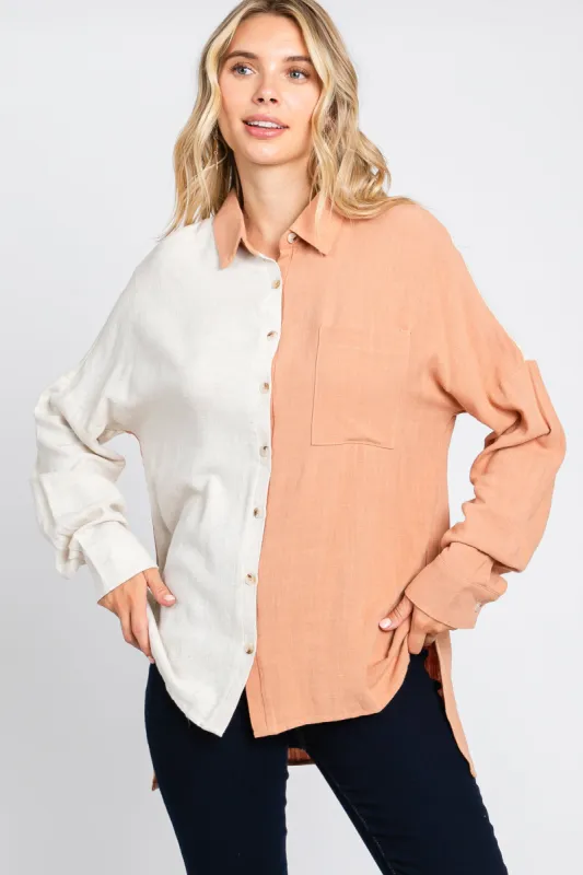Rust Color Block Button Up Linen Top sold by Pinkblush