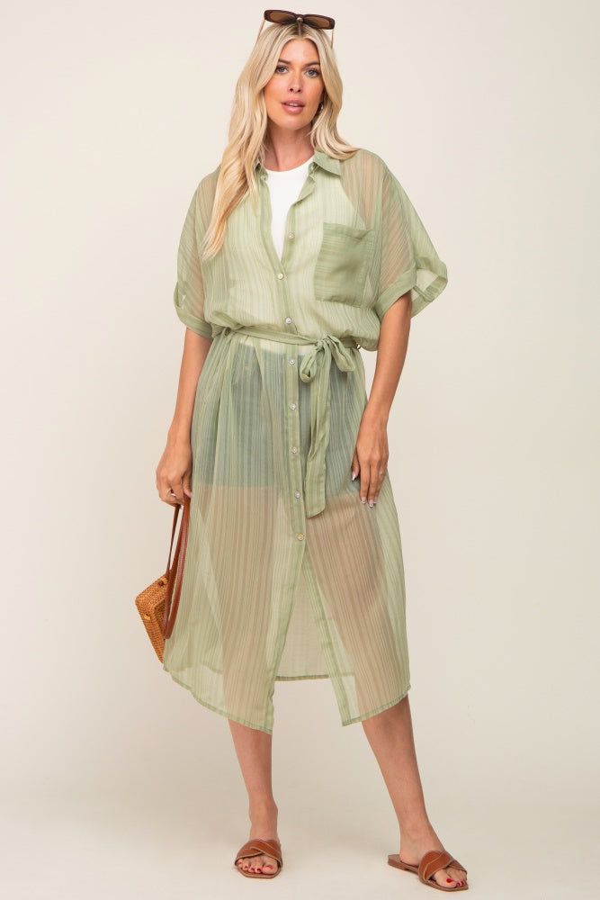 Sage Striped Sheer Button Down Cover Up sold by Pinkblush