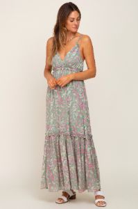 Light Olive Chiffon V-Neck Ruffle Tiered Maternity Maxi Dress sold by Pinkblush