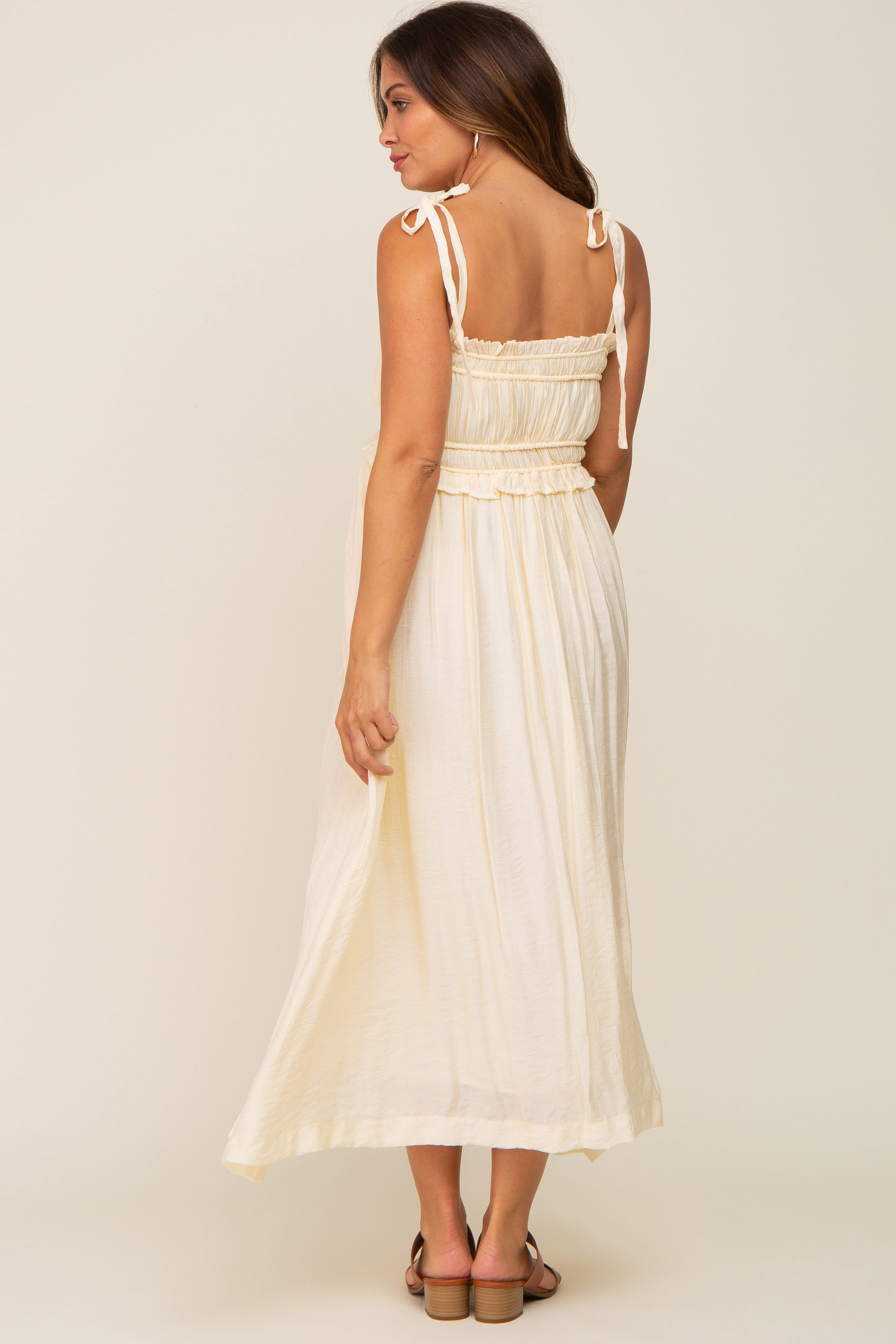Cream Shirred Shoulder Tie Maternity Midi Dress sold by Pinkblush product image thumbnail 3