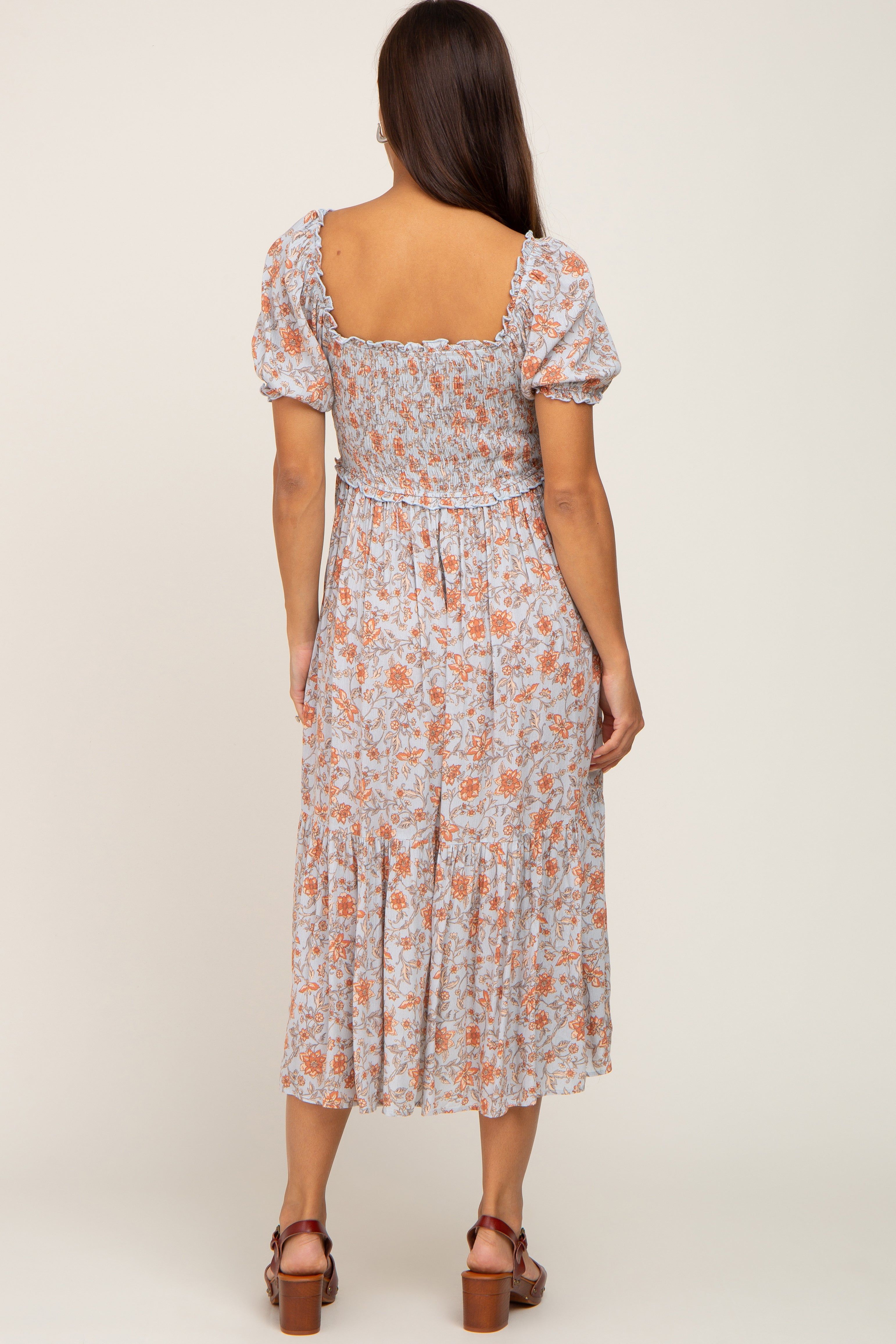 Light Blue Floral Smocked Sweetheart Neck Maternity Midi Dress sold by Pinkblush product image thumbnail 3