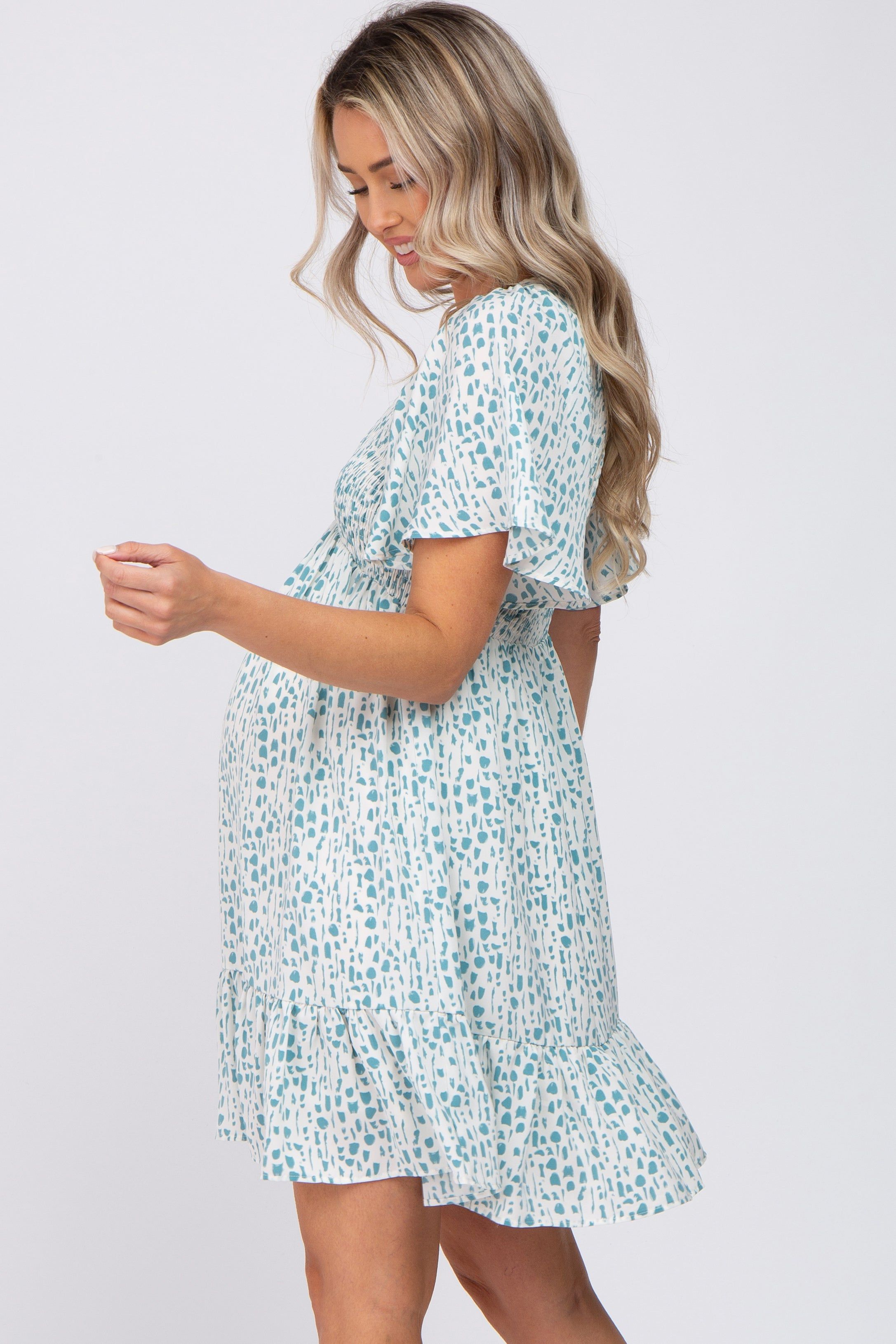 Teal Printed Smocked Maternity Dress sold by Pinkblush product image thumbnail 2