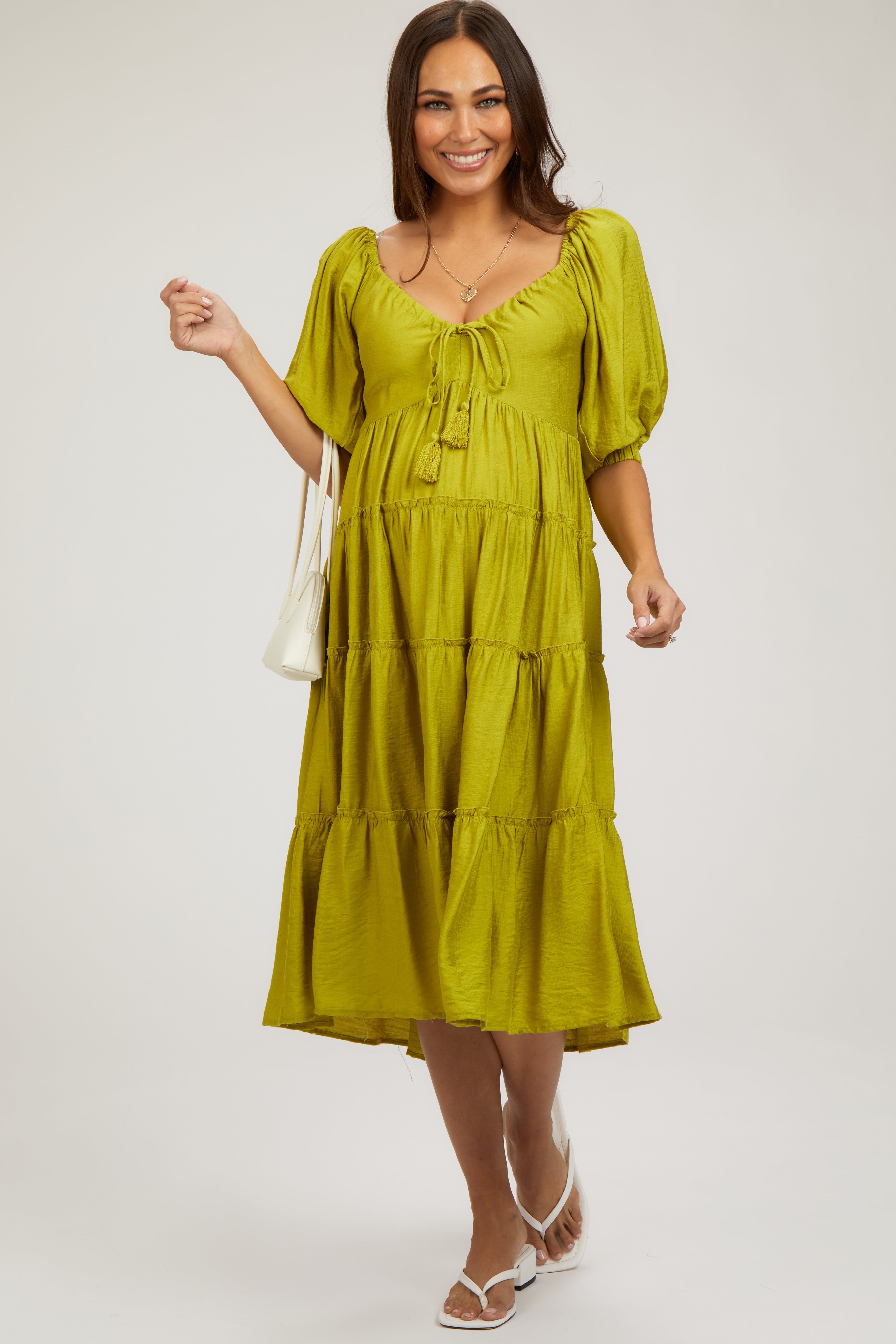 Lime Tiered Maternity Midi Dress sold by Pinkblush