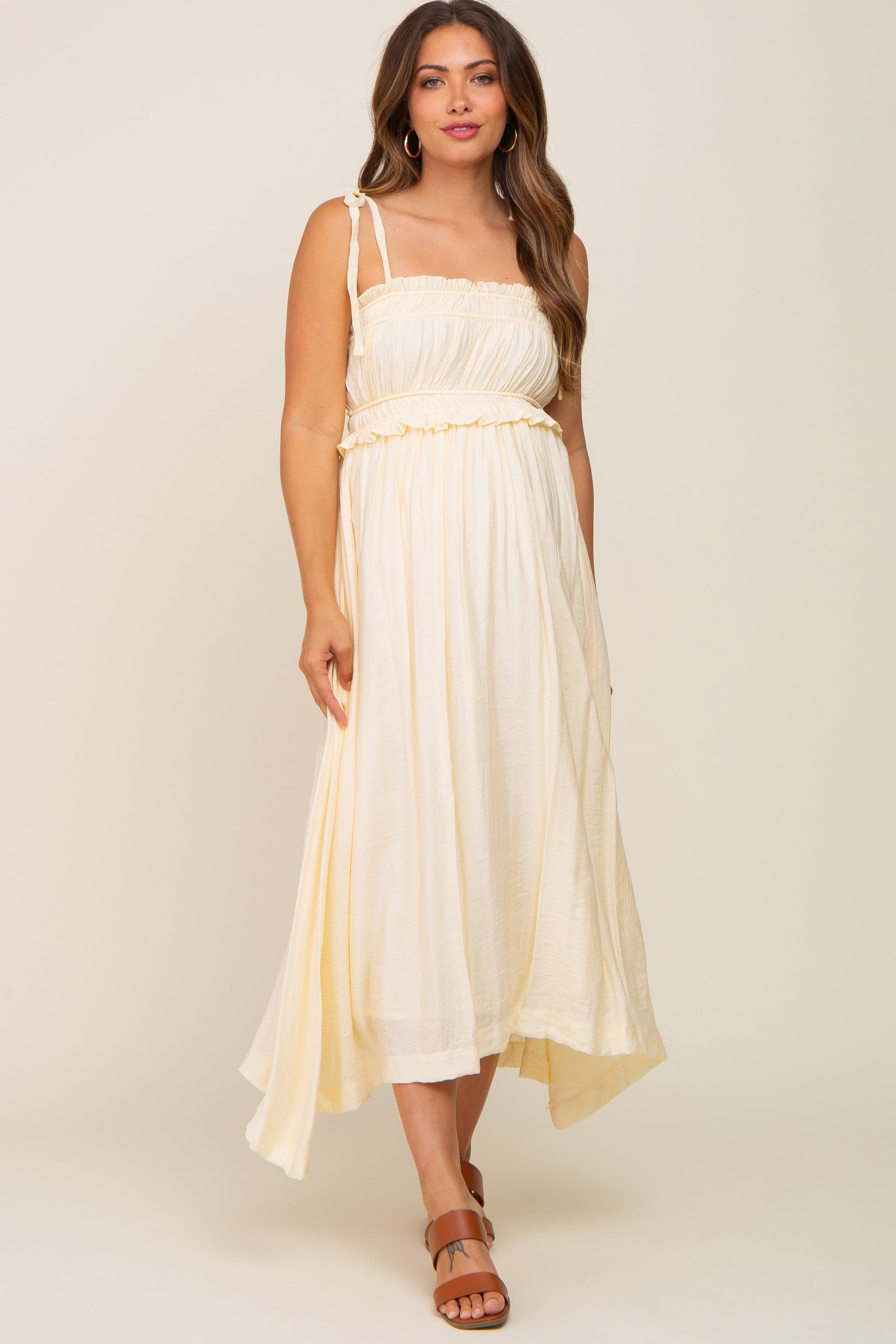 Cream Shirred Shoulder Tie Maternity Midi Dress sold by Pinkblush product image thumbnail 4
