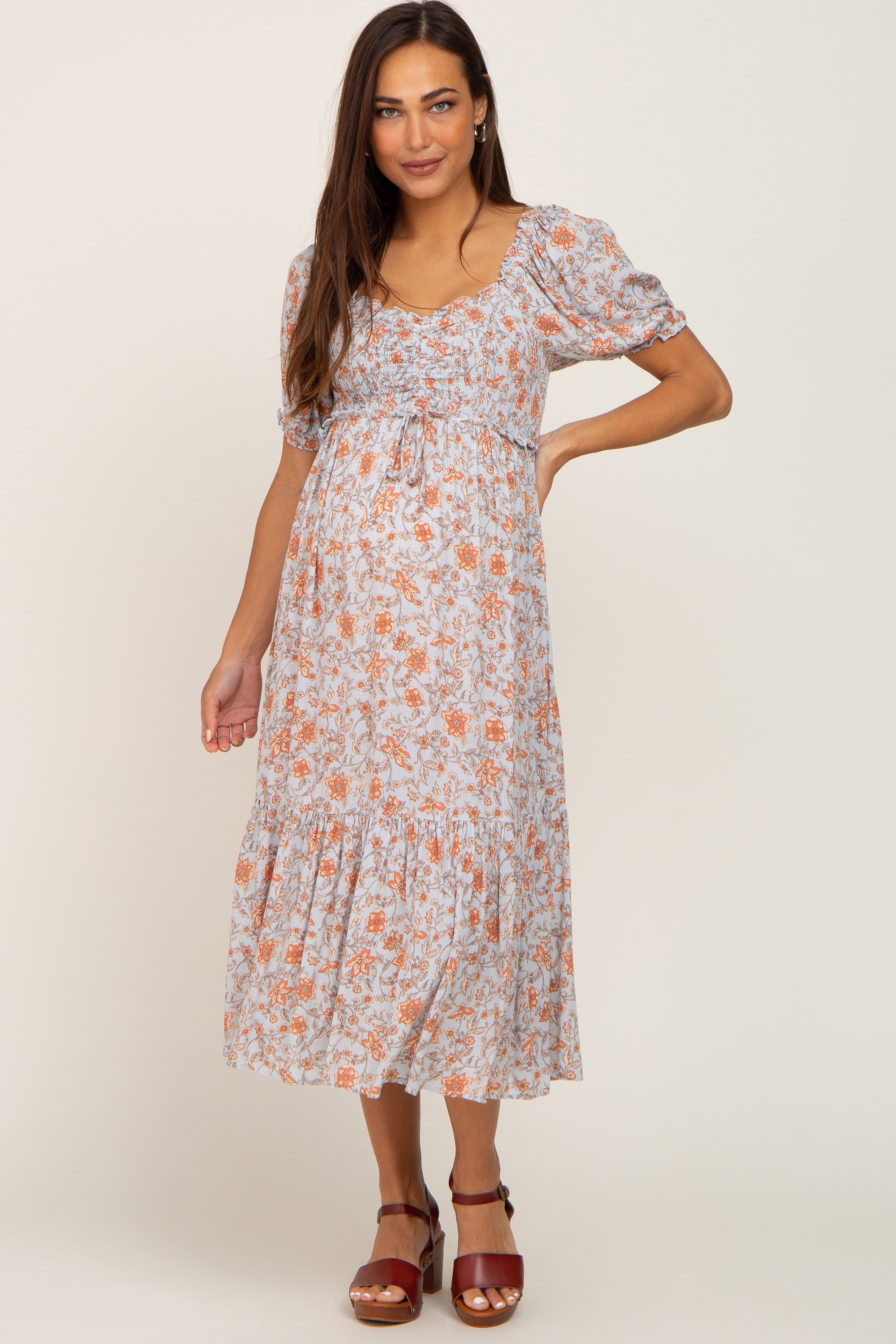 Light Blue Floral Smocked Sweetheart Neck Maternity Midi Dress sold by Pinkblush