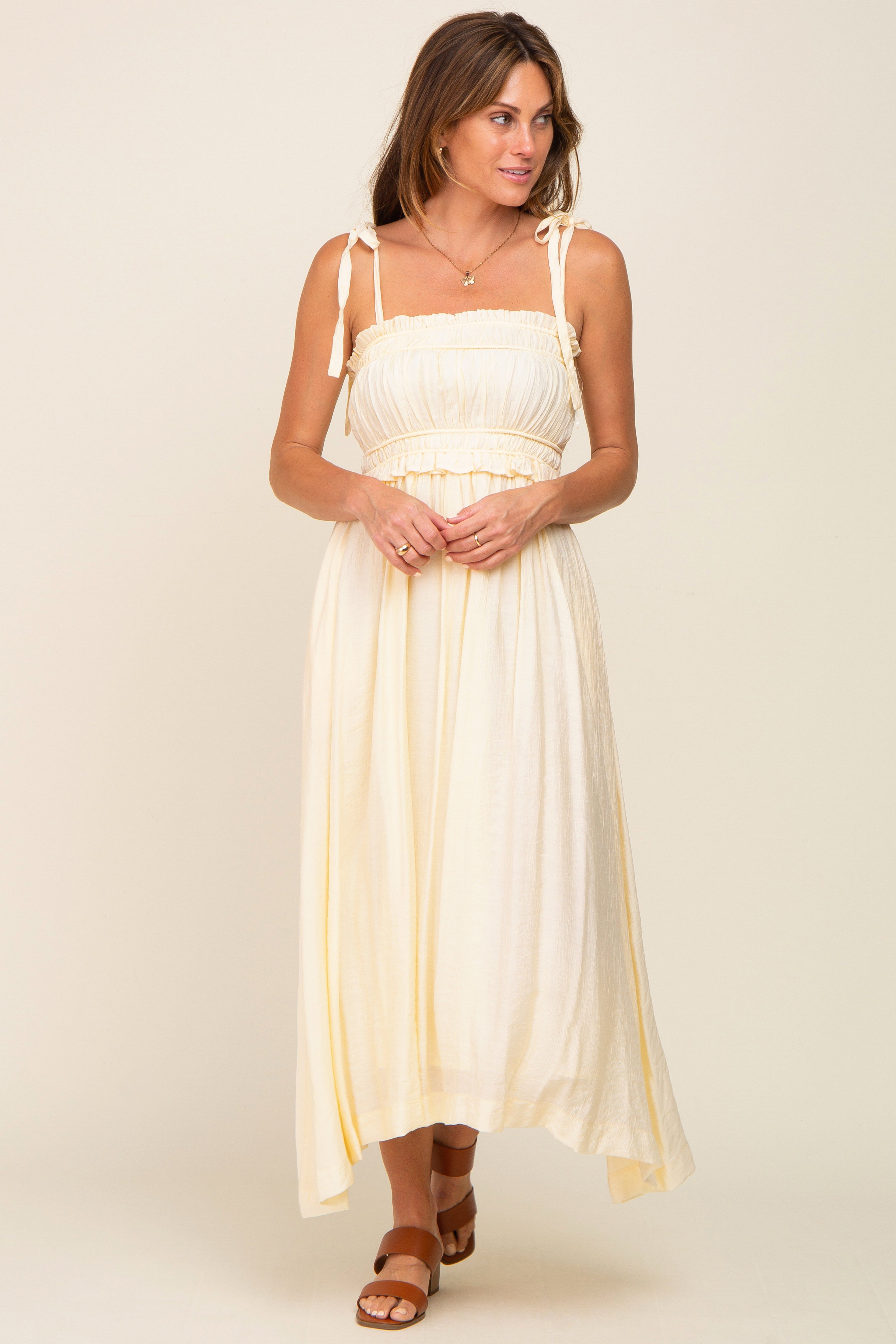 Cream Shirred Shoulder Tie Maternity Midi Dress sold by Pinkblush product image thumbnail 5