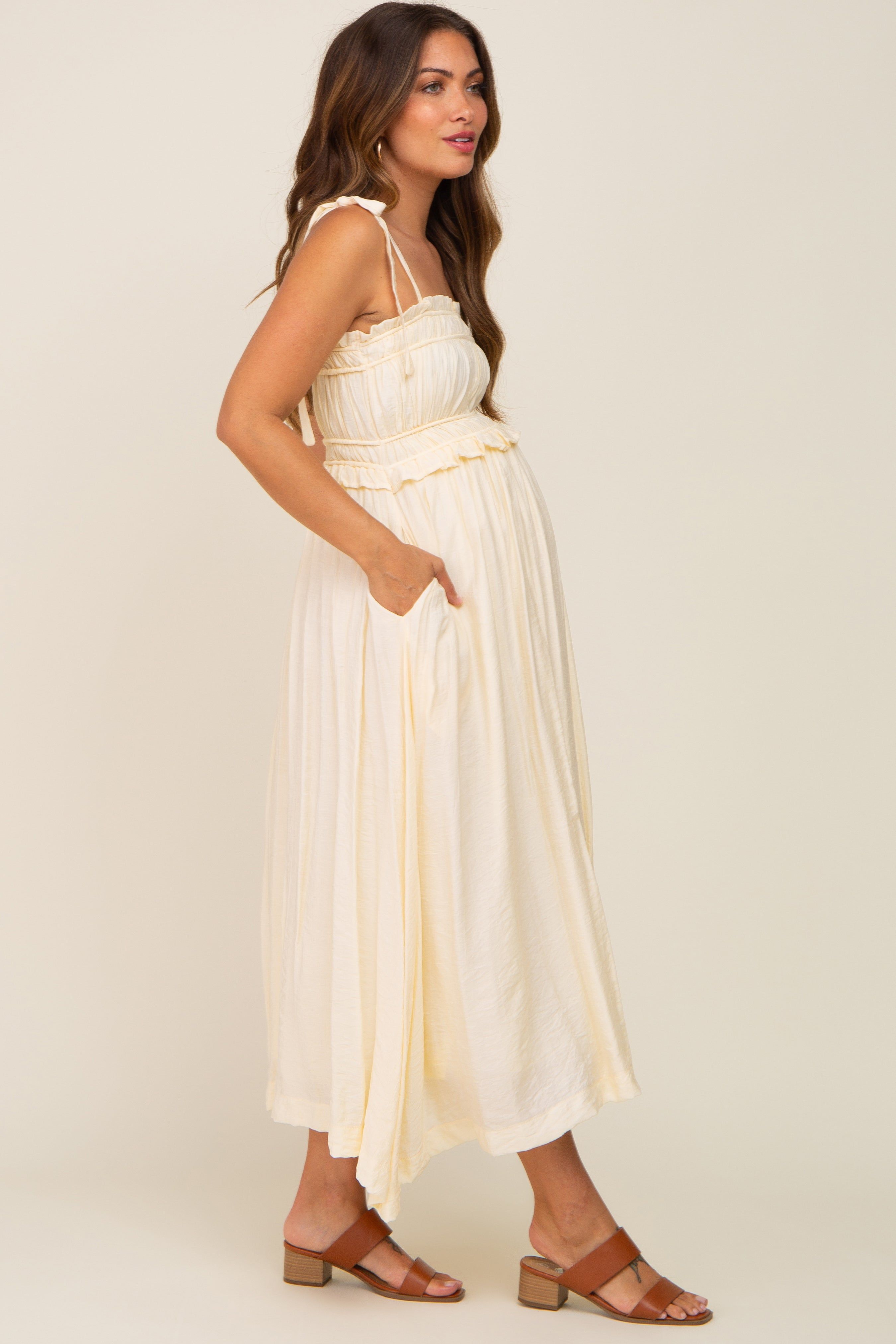 Cream Shirred Shoulder Tie Maternity Midi Dress sold by Pinkblush product image thumbnail 2