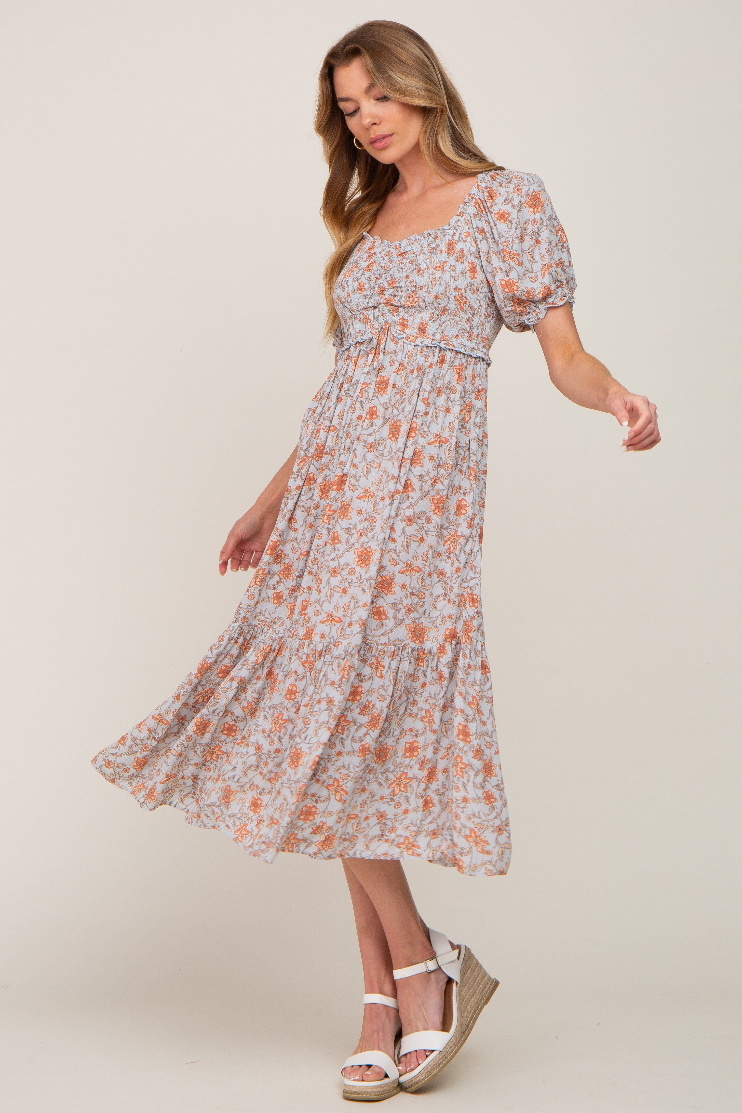 Light Blue Floral Smocked Sweetheart Neck Maternity Midi Dress sold by Pinkblush product image thumbnail 5