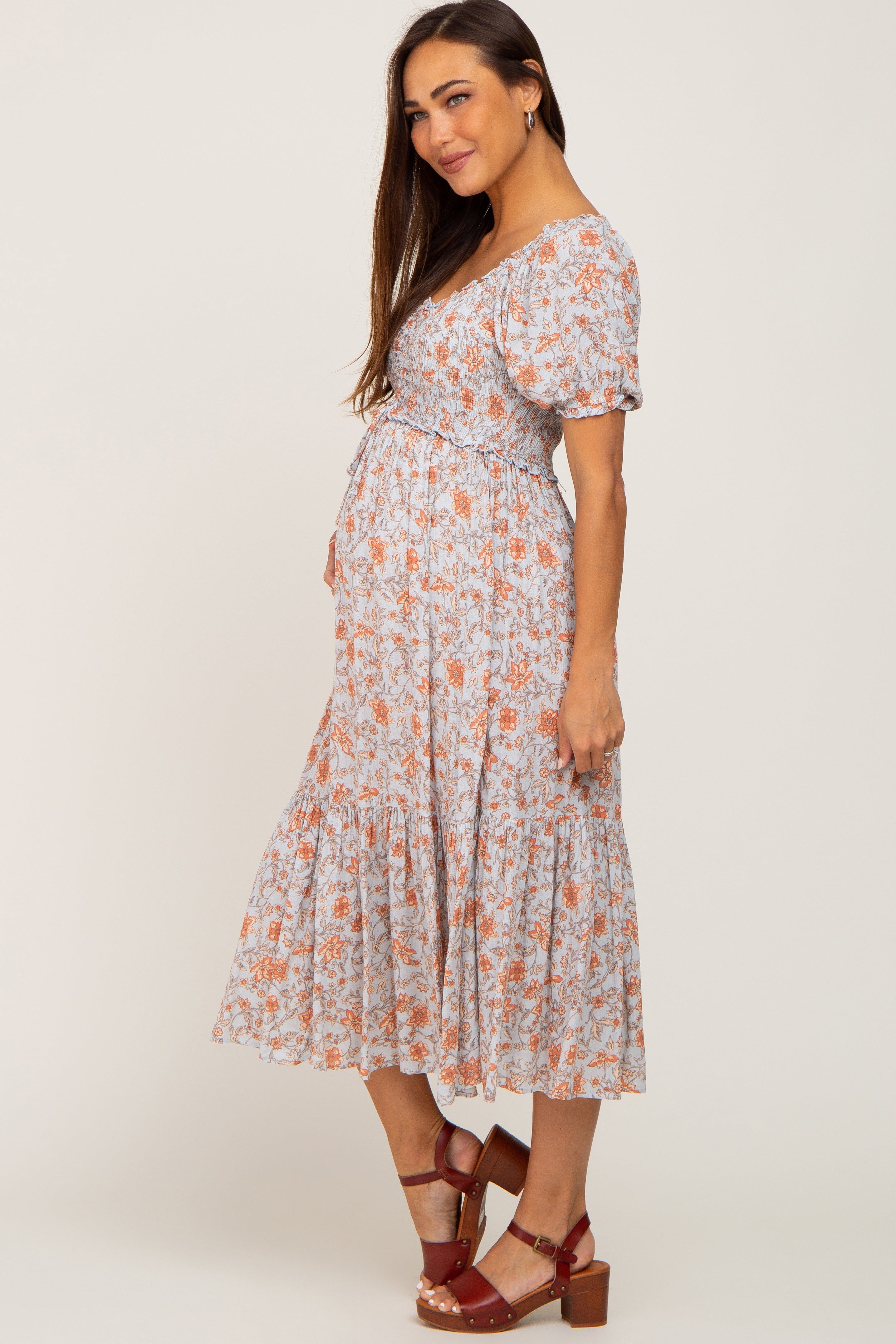 Light Blue Floral Smocked Sweetheart Neck Maternity Midi Dress sold by Pinkblush product image thumbnail 2