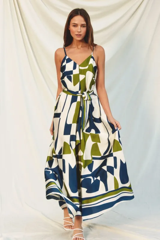 Navy Abstract Print Satin Waist Tie Dress sold by Pinkblush