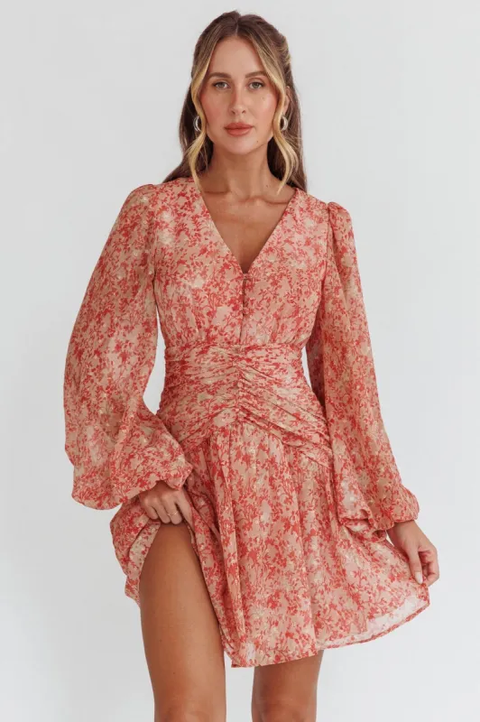 Pink Long Sleeve V Neck Chiffon Mid Dress sold by Pinkblush