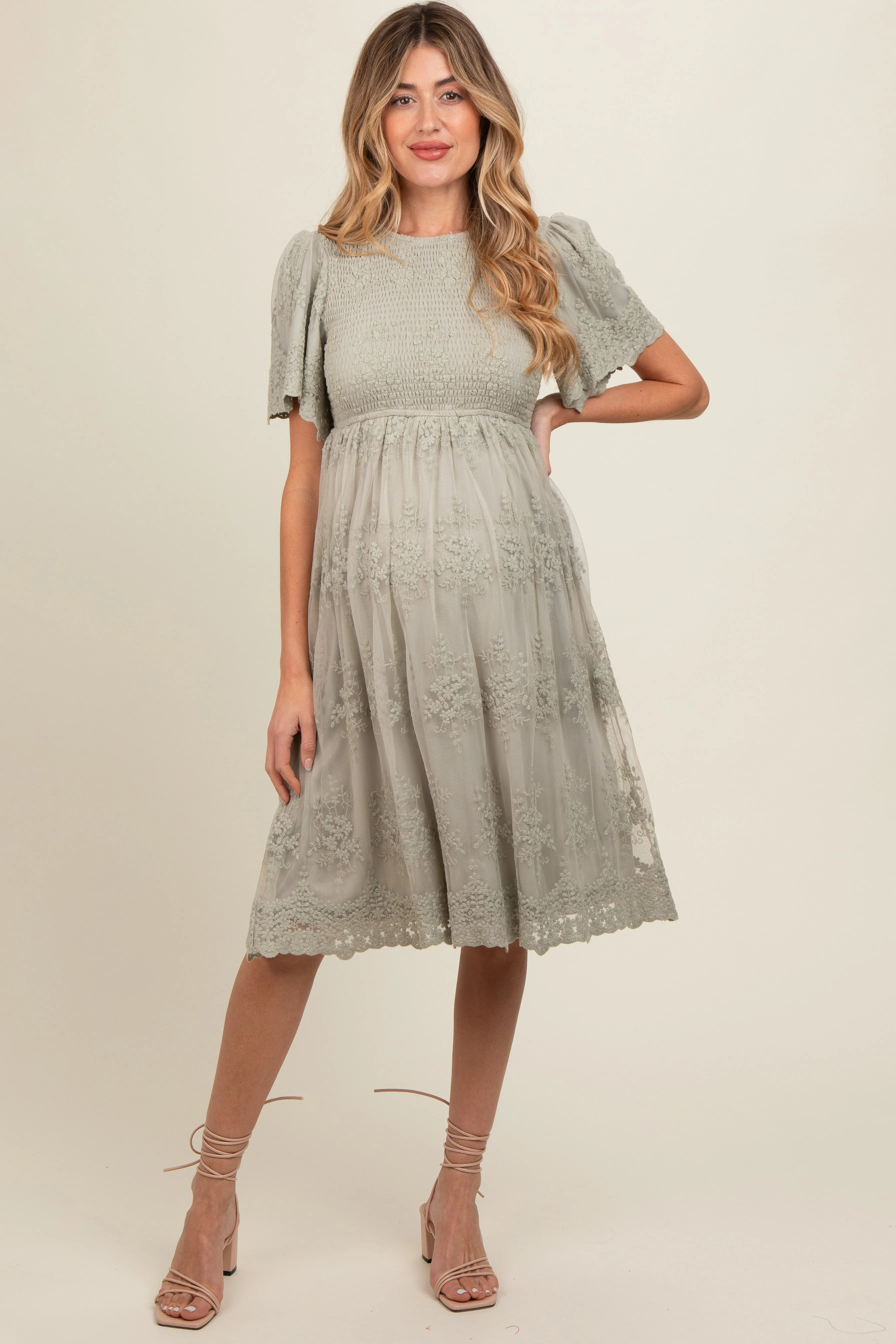 Sage Smocked Embroidered Mesh Maternity Dress sold by Pinkblush