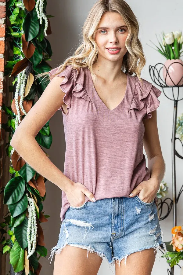Mauve Heathered Ruffle Cap Sleeve Maternity Top sold by Pinkblush product image thumbnail 4