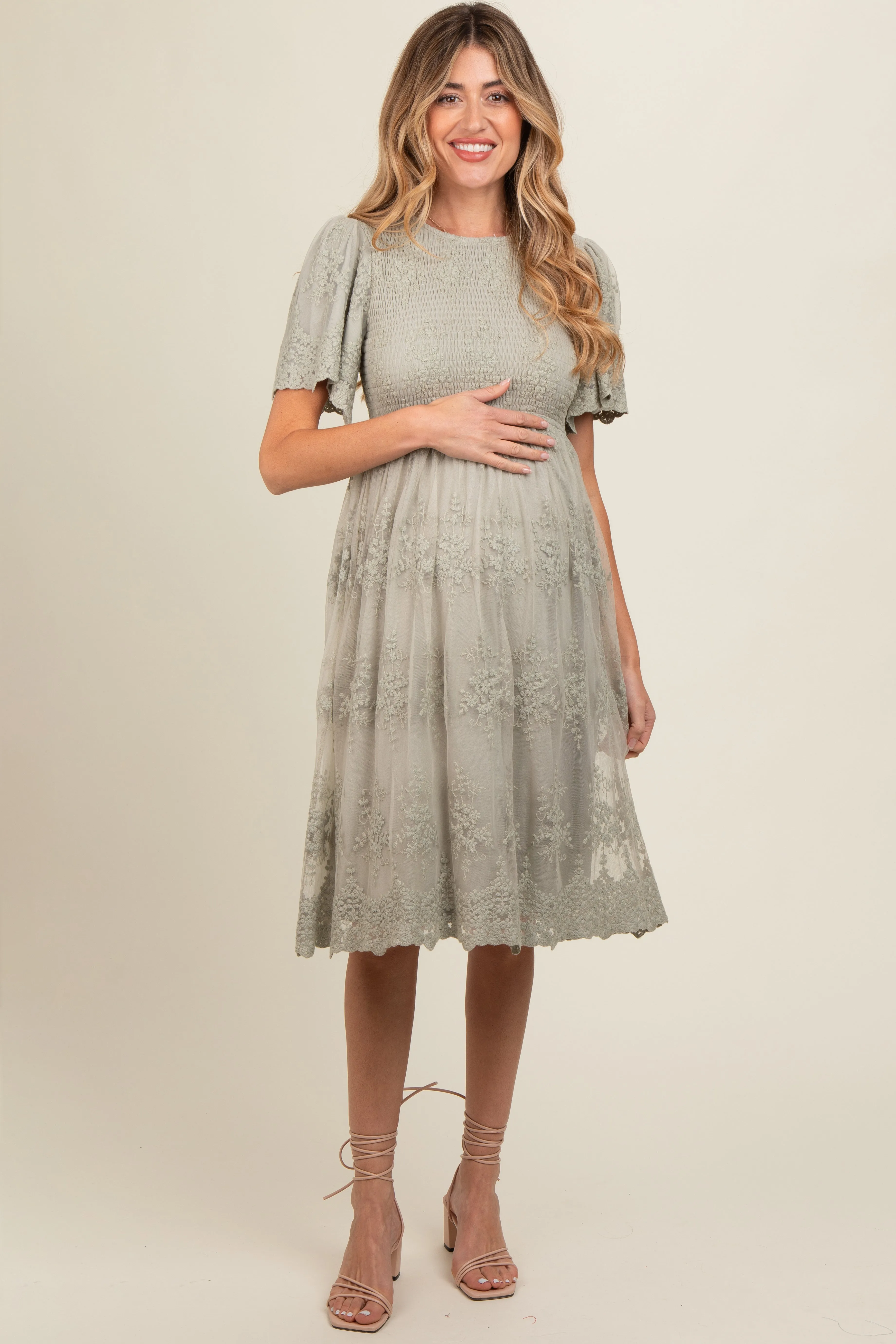 Sage Smocked Embroidered Mesh Maternity Dress sold by Pinkblush product image thumbnail 2