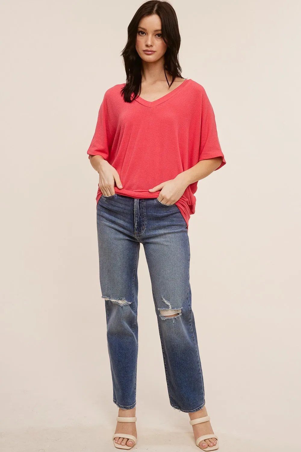 Coral V-Neck Crepe Knit Top sold by Pinkblush product image thumbnail 4
