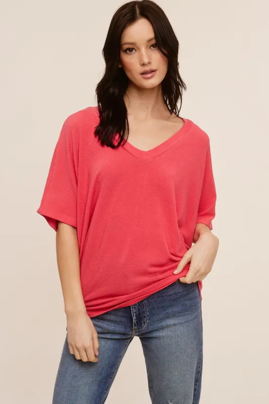 Coral V-Neck Crepe Knit Top sold by Pinkblush